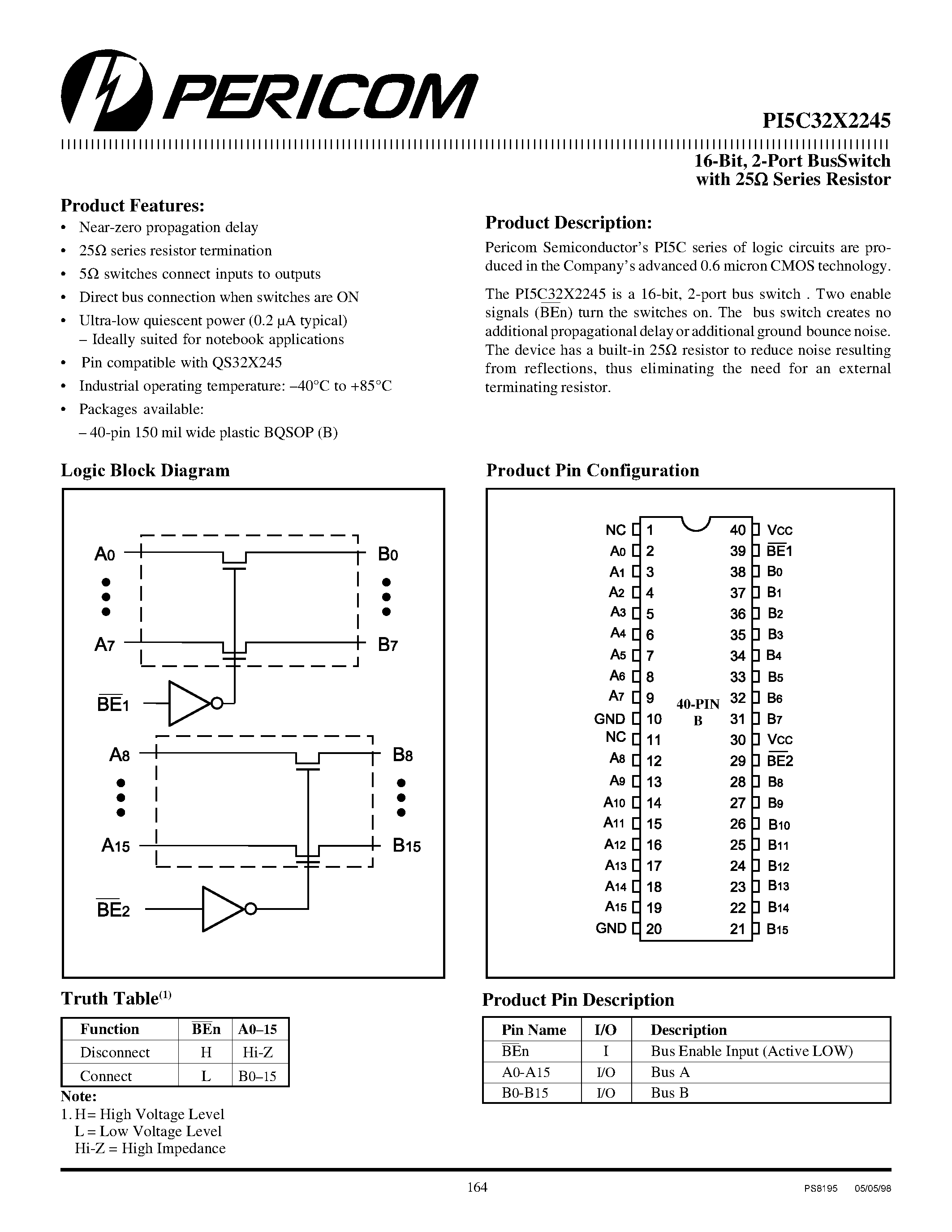 Datasheet PI5C32X2245 - 16-Bit / 2-Port BusSwitch with 25 ohm Series Resistor page 1