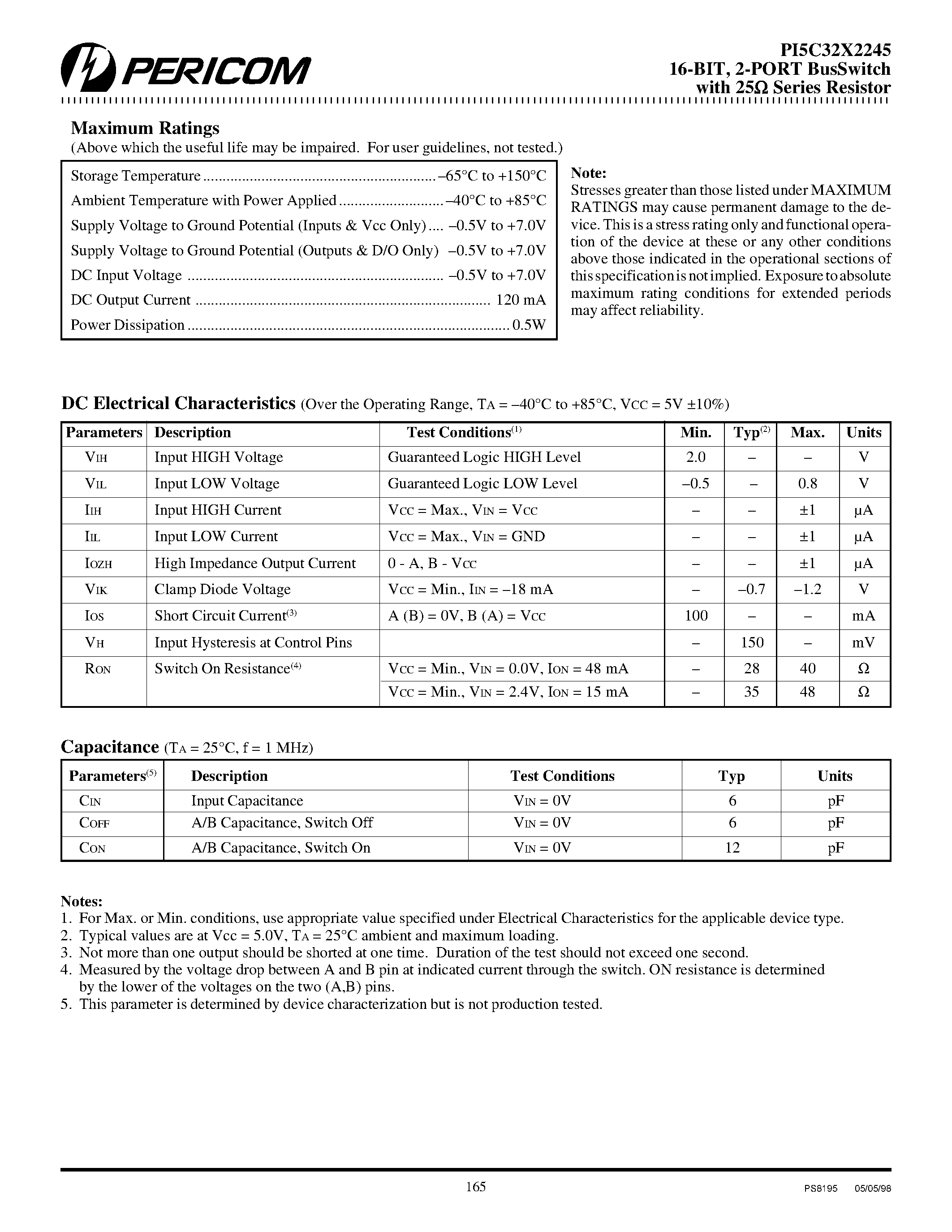 Datasheet PI5C32X2245 - 16-Bit / 2-Port BusSwitch with 25 ohm Series Resistor page 2