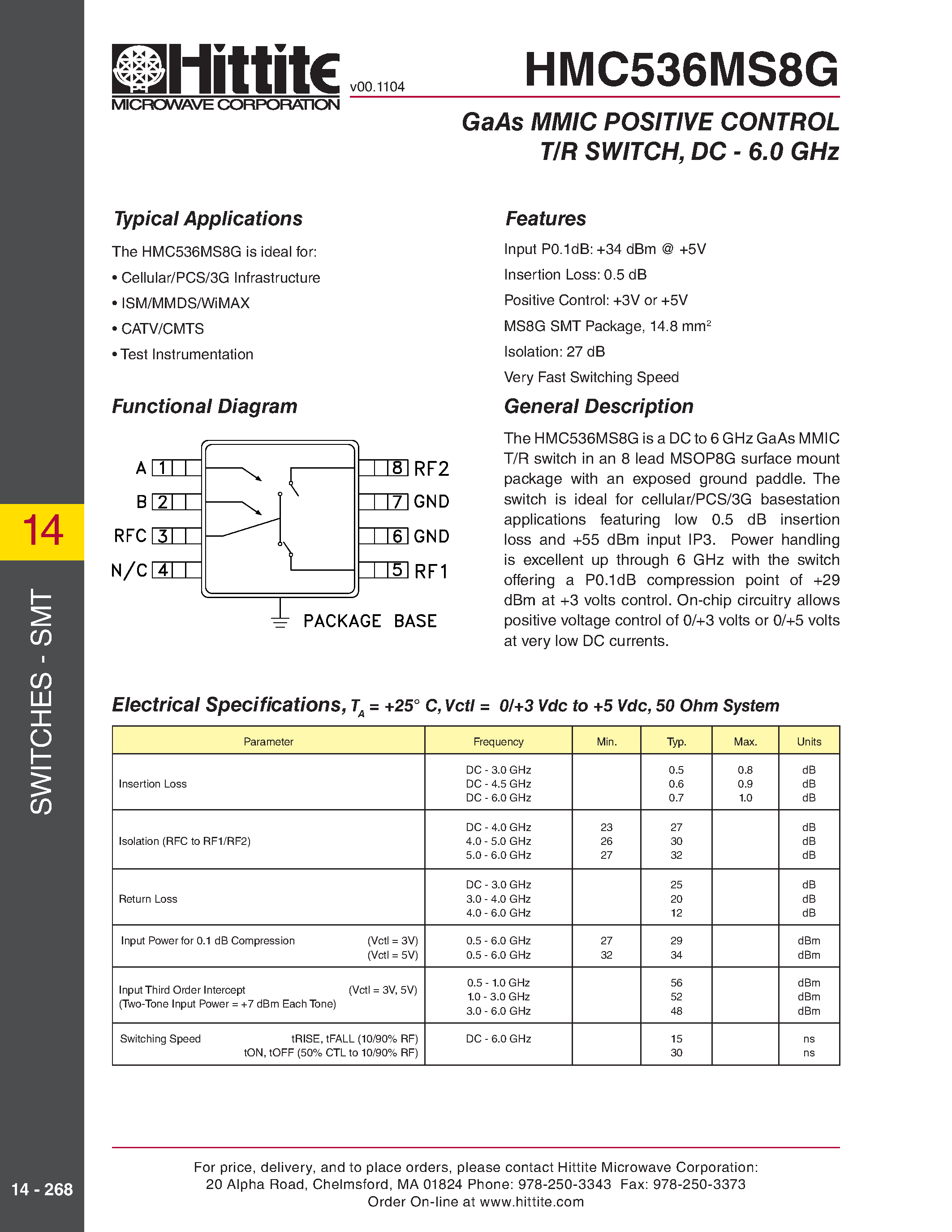 Datasheet HMC536MS8G page 1 Datasheet HMC536MS8G - GaAs MMIC POSITIVE CONTROL T/R SWITCH / DC - 6.0 GHz page 1