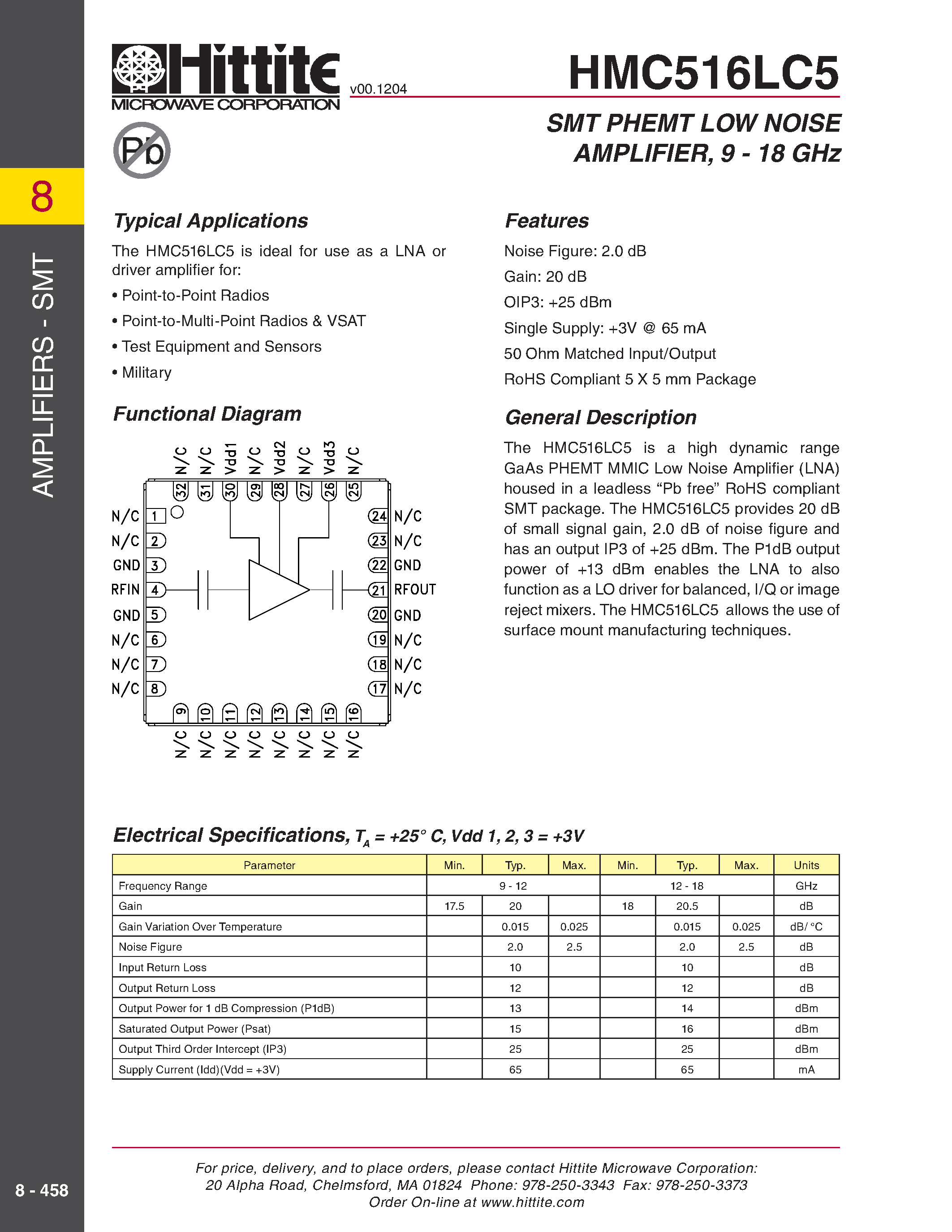 Даташит HMC516LC5 - SMT PHEMT LOW NOISE AMPLIFIER / 9 - 18 GHz страница 1