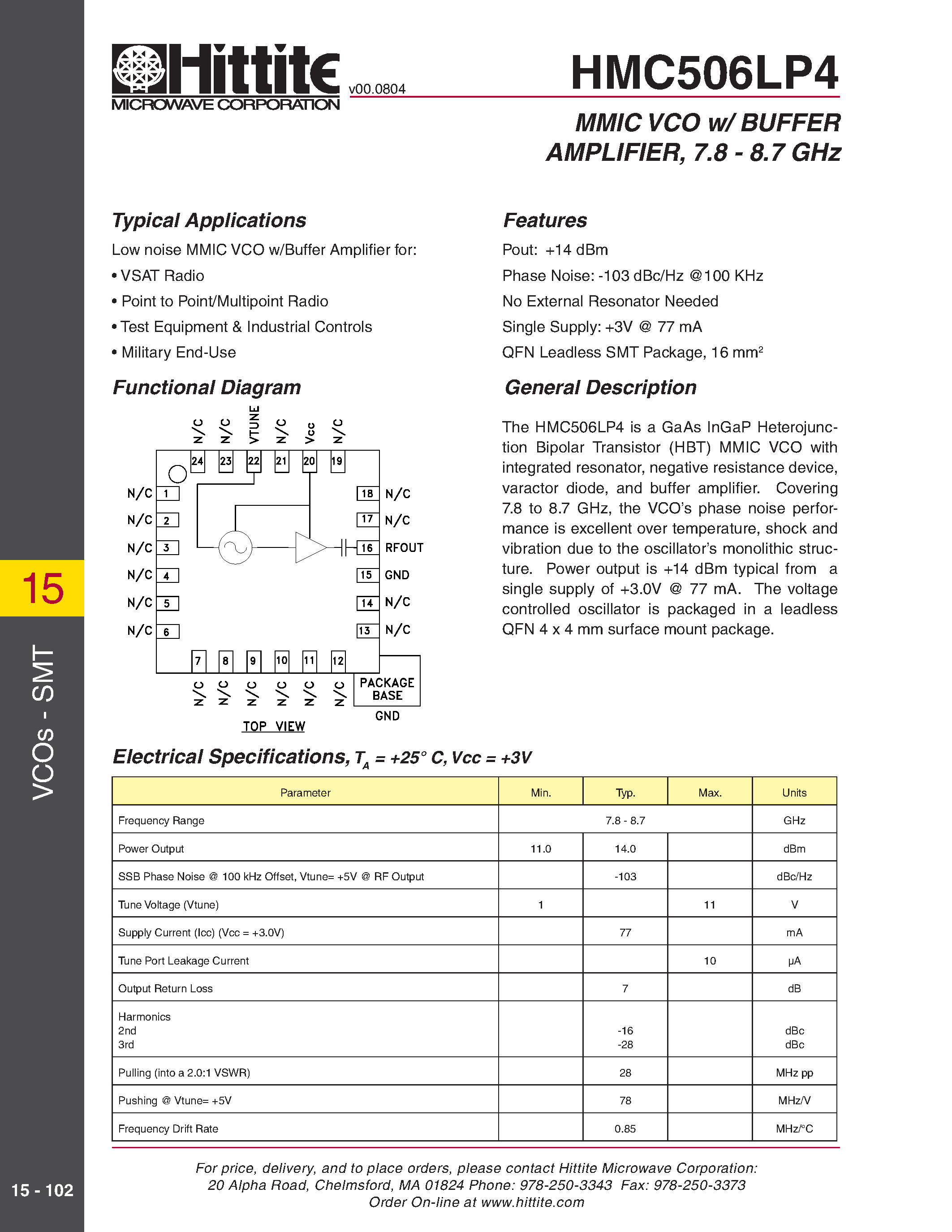 Даташит HMC506LP4 - MMIC VCO w/ BUFFER AMPLIFIER / 7.8 - 8.7 GHz страница 1