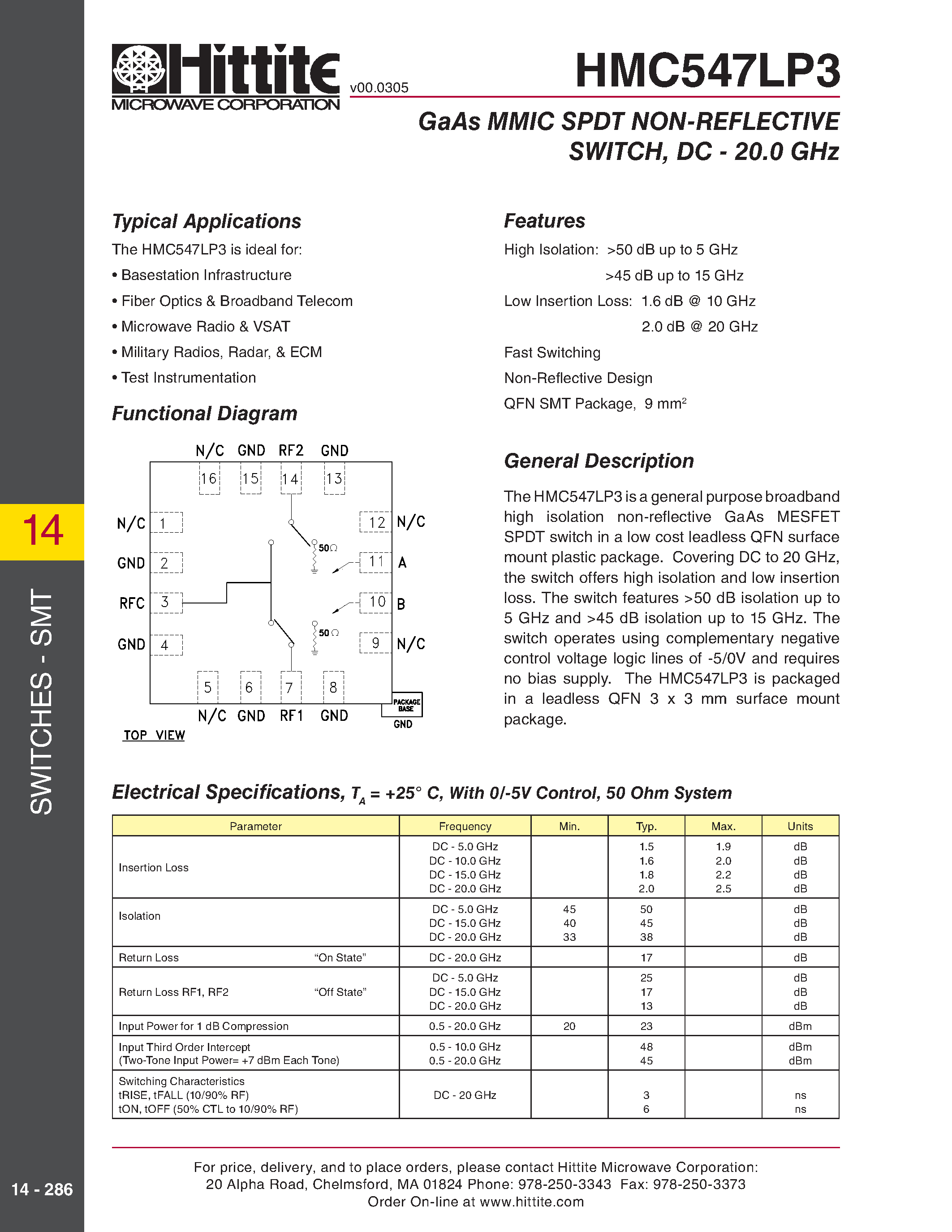 Datasheet HMC547LP3 page 1 Datasheet HMC547LP3 - GaAs MMIC SPDT NON-REFLECTIVE SWITCH / DC - 20.0 GHz page 1