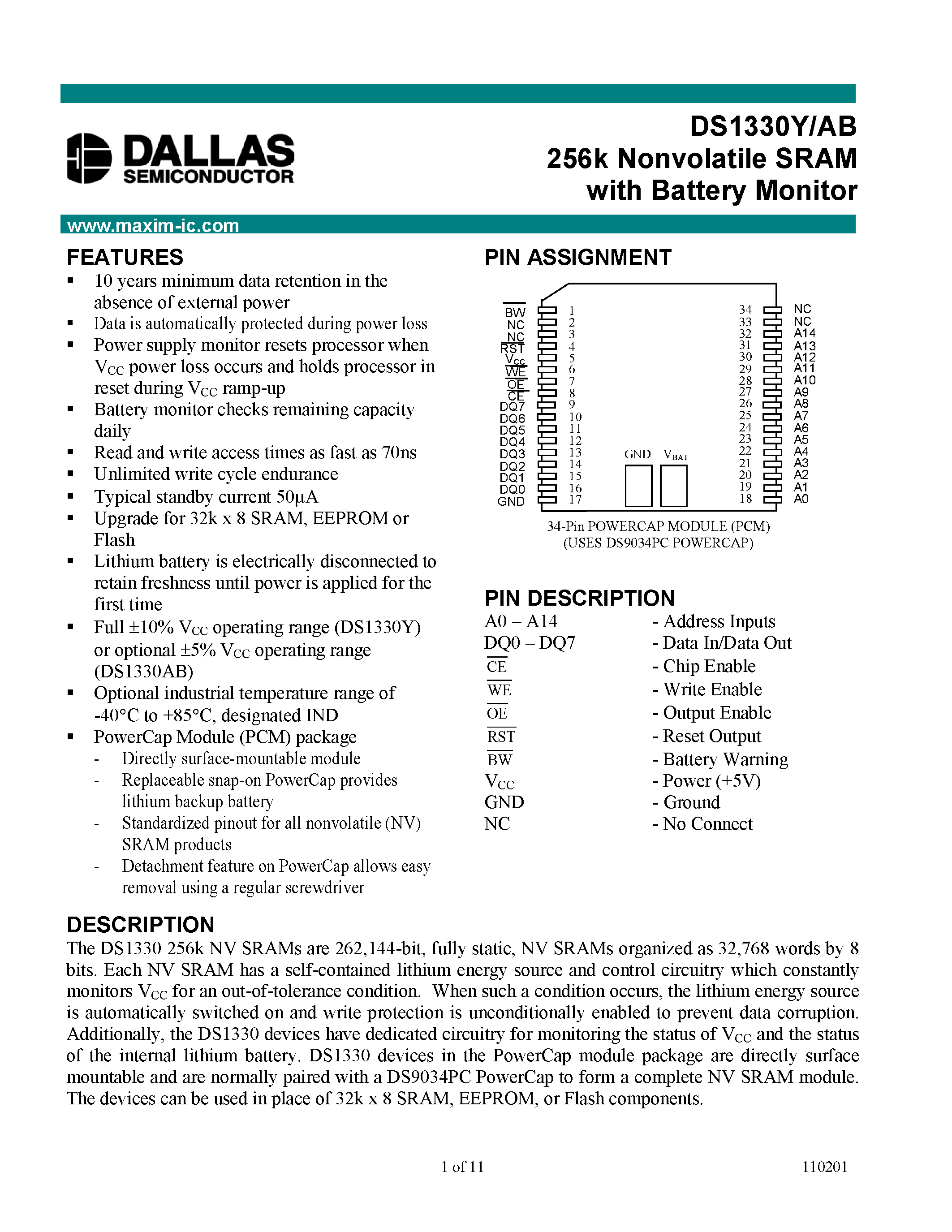 Datasheet DS1330AB - (DS1330Y / DS1330AB) 256k Nonvolatile SRAM with Battery Monitor page 1