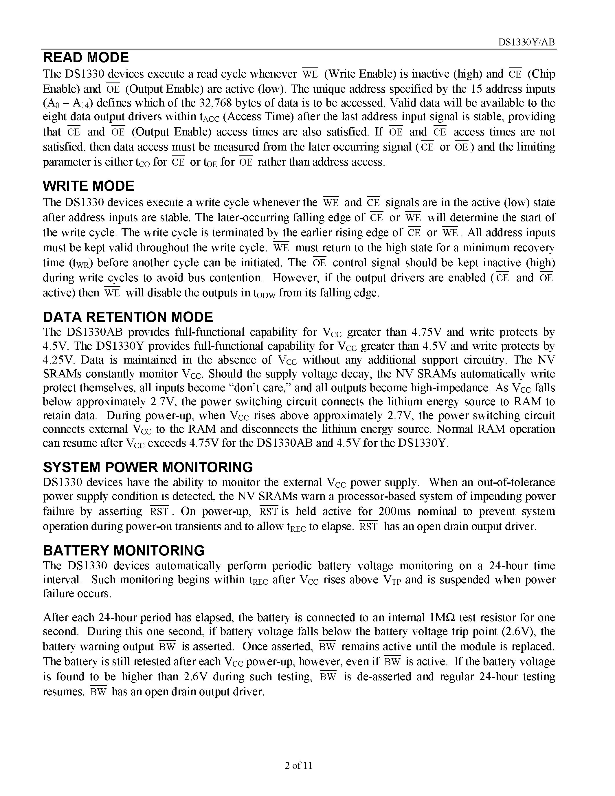 Datasheet DS1330AB - (DS1330Y / DS1330AB) 256k Nonvolatile SRAM with Battery Monitor page 2