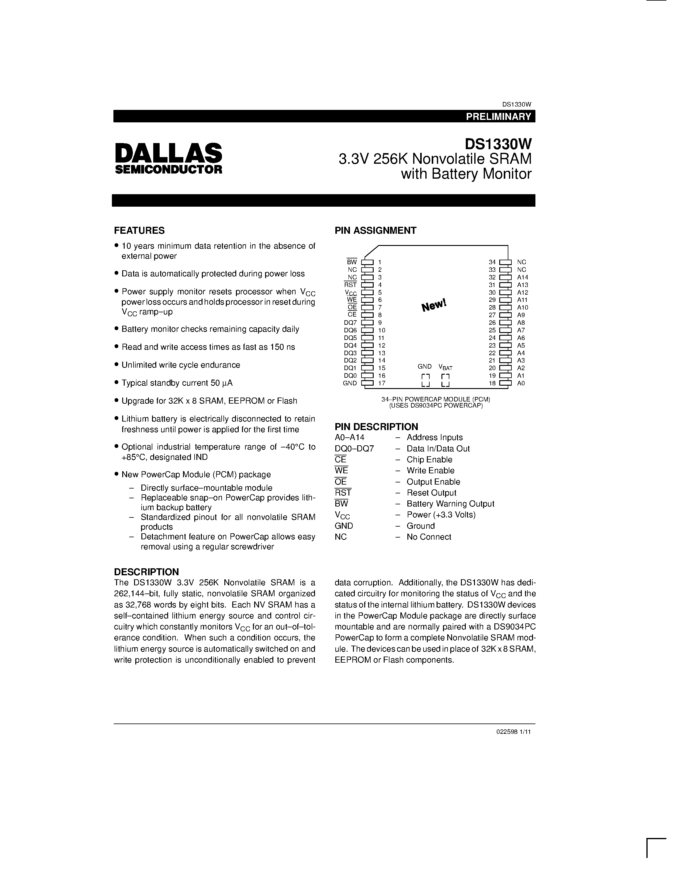 Datasheet DS1330W - 3.3V 256K Nonvolatile SRAM with Battery Monitor page 1