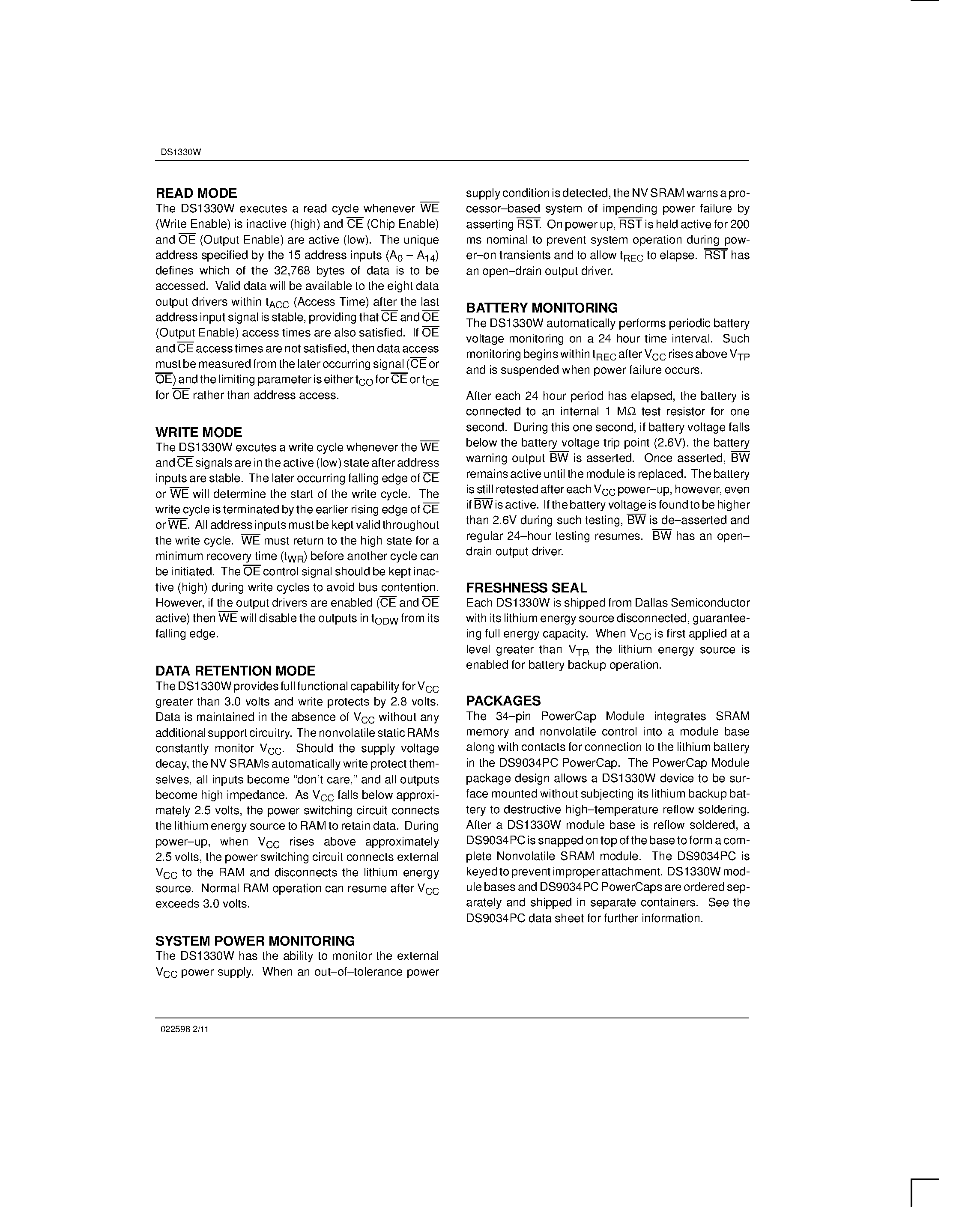 Datasheet DS1330W - 3.3V 256K Nonvolatile SRAM with Battery Monitor page 2
