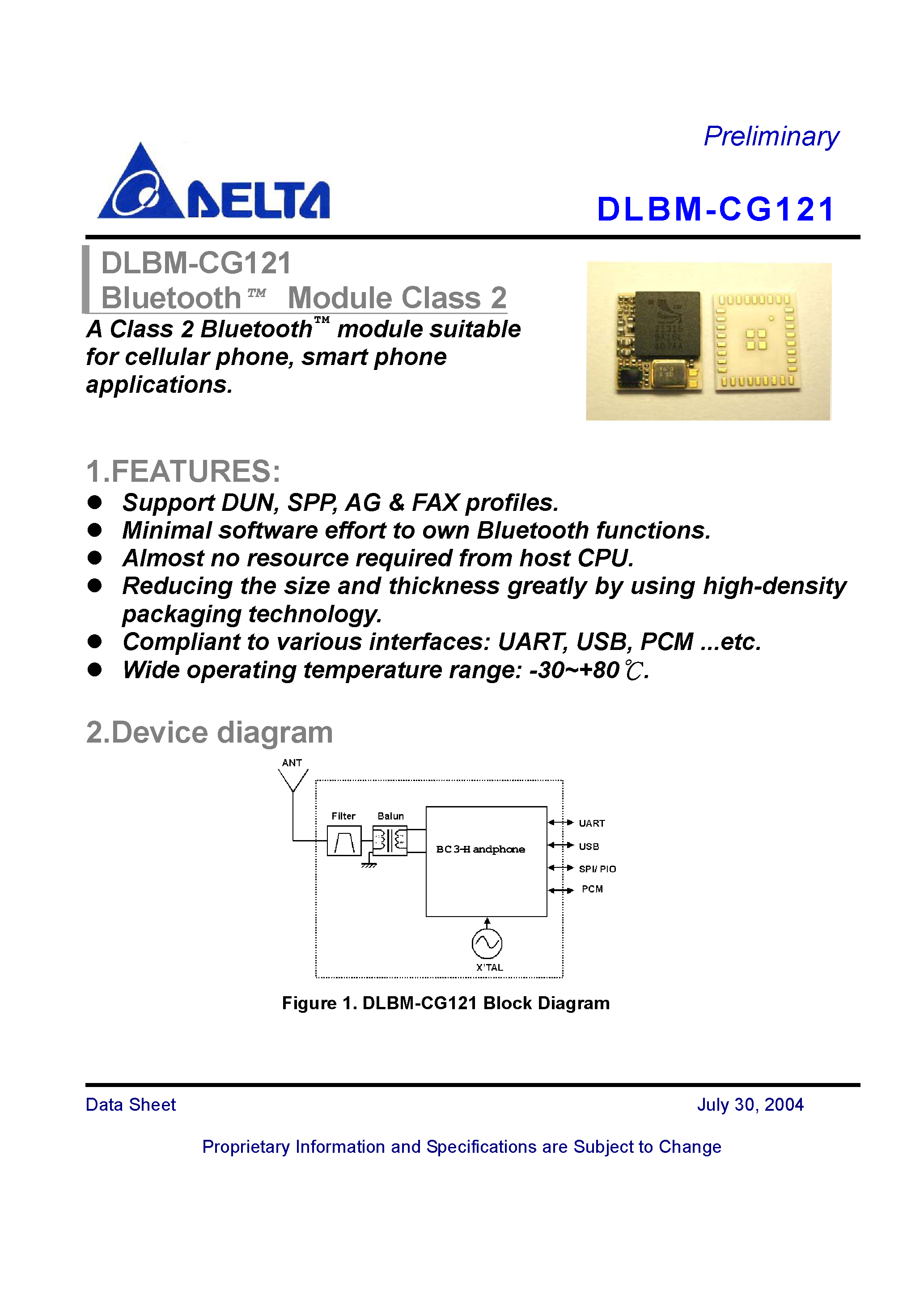 Datasheet DLBM-CG121 - A Class 2 Bluetooth module suitable for cellular phone / smart phone applications page 1