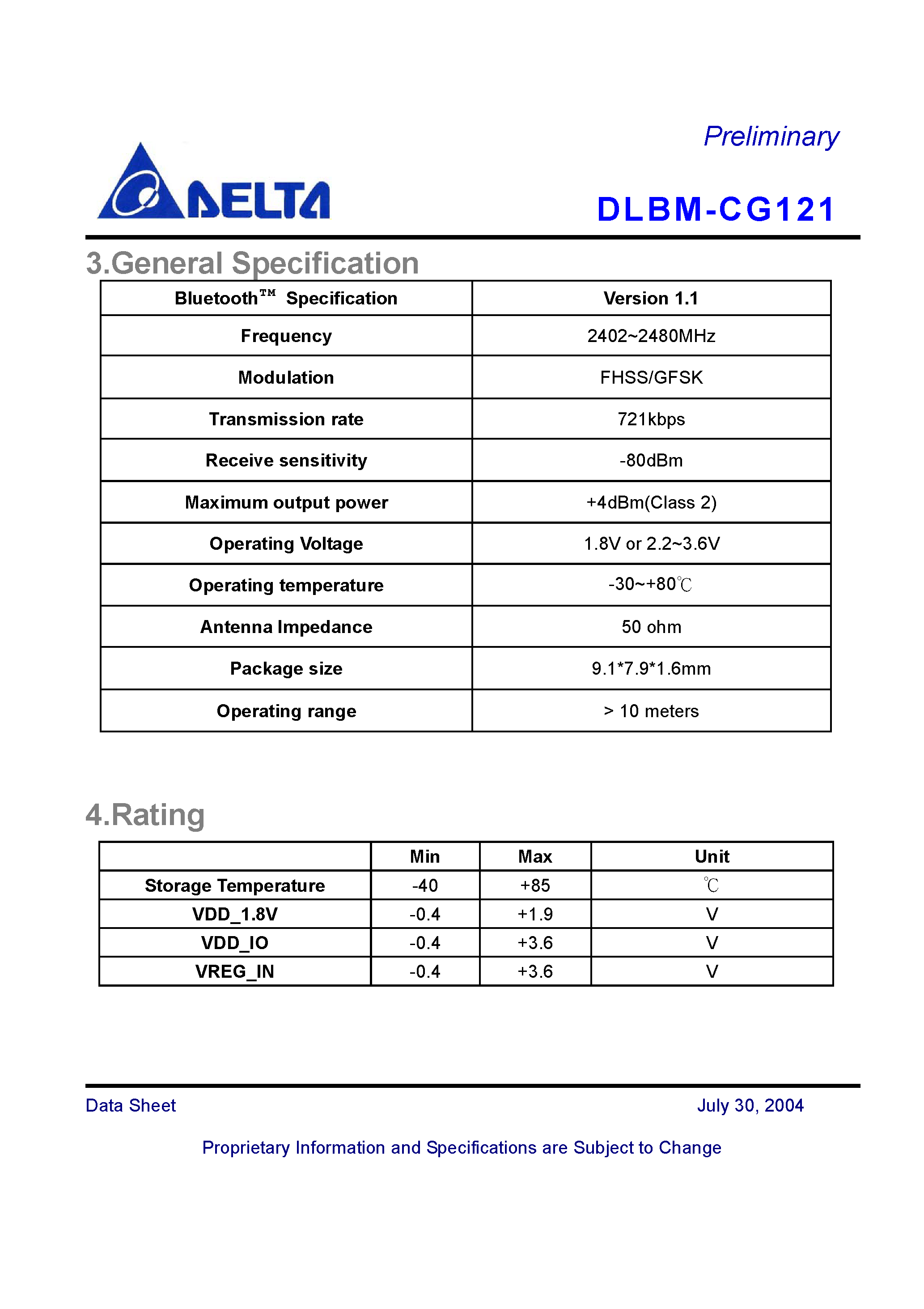 Datasheet DLBM-CG121 - A Class 2 Bluetooth module suitable for cellular phone / smart phone applications page 2