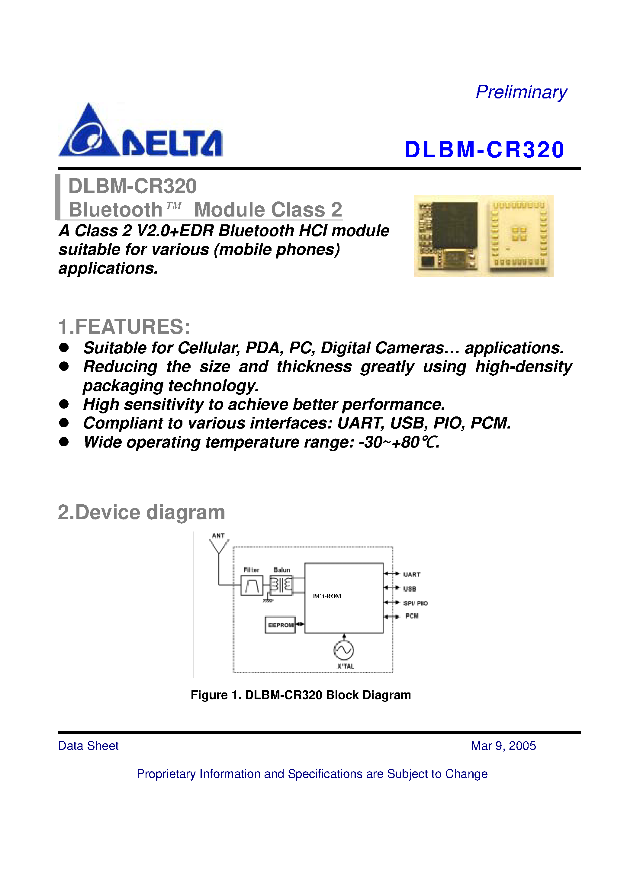 Datasheet DLBM-CR320 - A Class 2 V2.0+EDR Bluetooth HCI module suitable for various (mobile phones) applications page 1