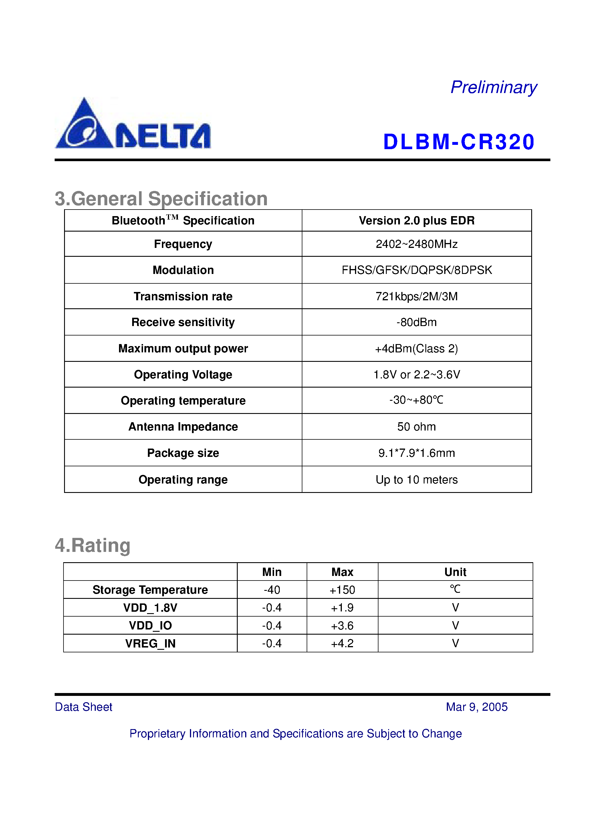 Datasheet DLBM-CR320 - A Class 2 V2.0+EDR Bluetooth HCI module suitable for various (mobile phones) applications page 2