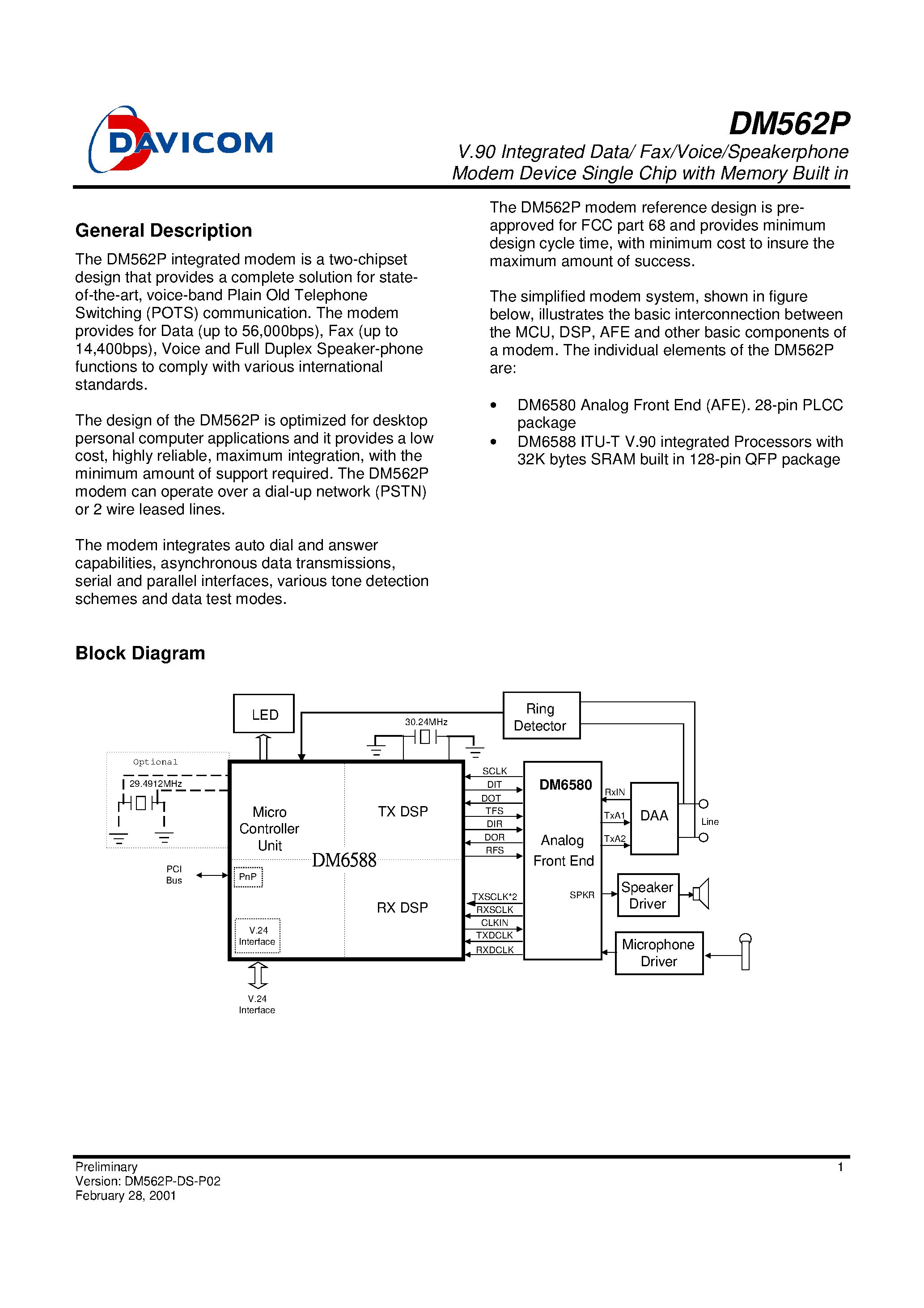 Datasheet DM562P - V.90 Integrated Data/ Fax/Voice/Speakerphone Modem Device Single Chip with Memory Built in page 1