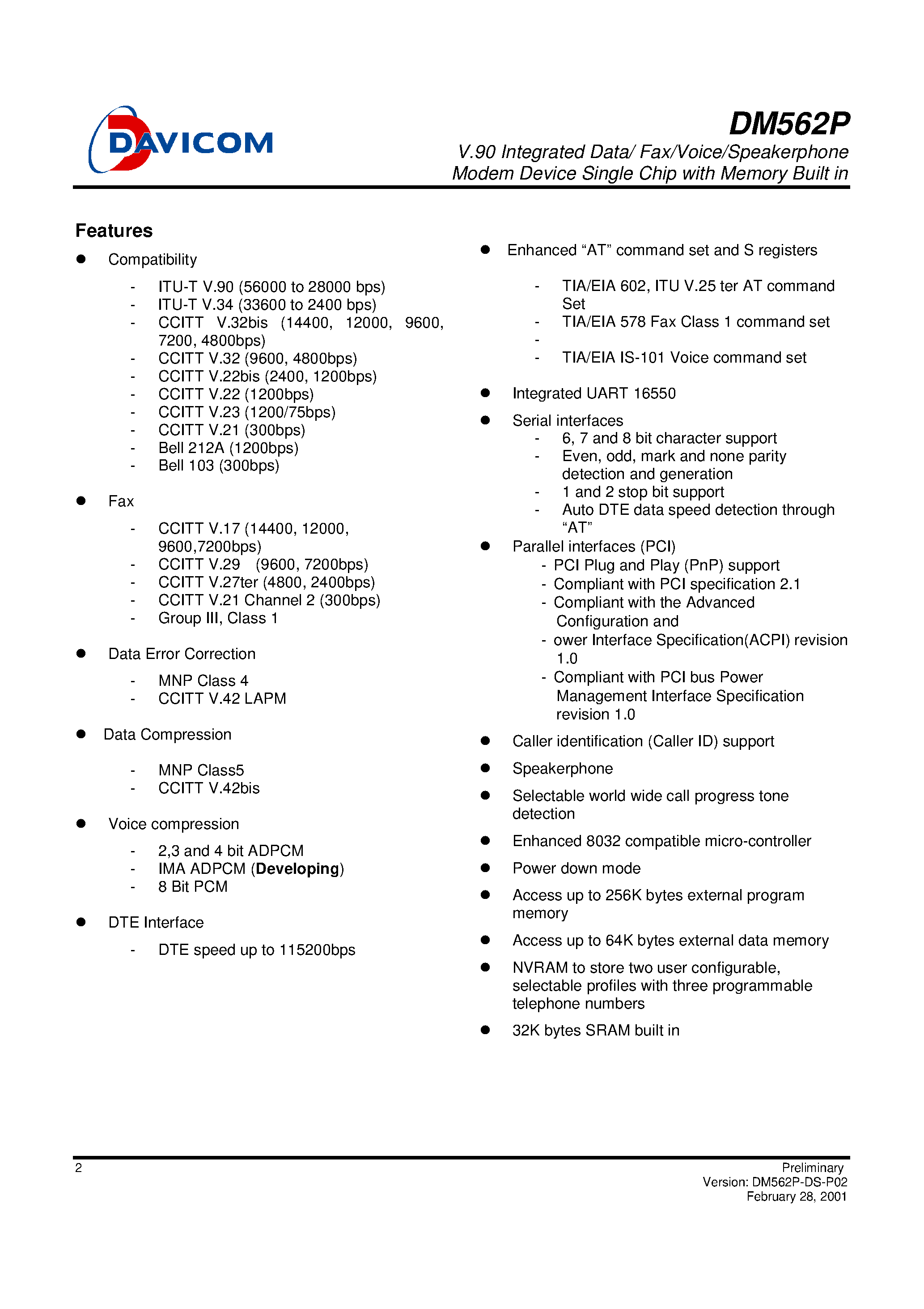 Datasheet DM562P - V.90 Integrated Data/ Fax/Voice/Speakerphone Modem Device Single Chip with Memory Built in page 2