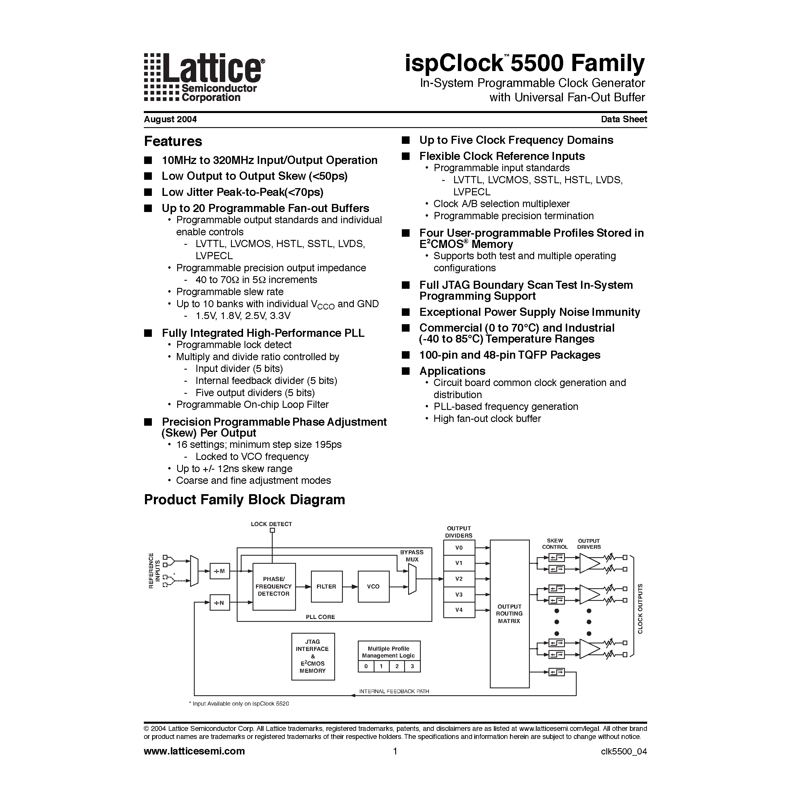 Datasheet ISPPAC-CLK55xx - In-System Programmable Clock Generator with Universal Fan-Out Buffer page 1