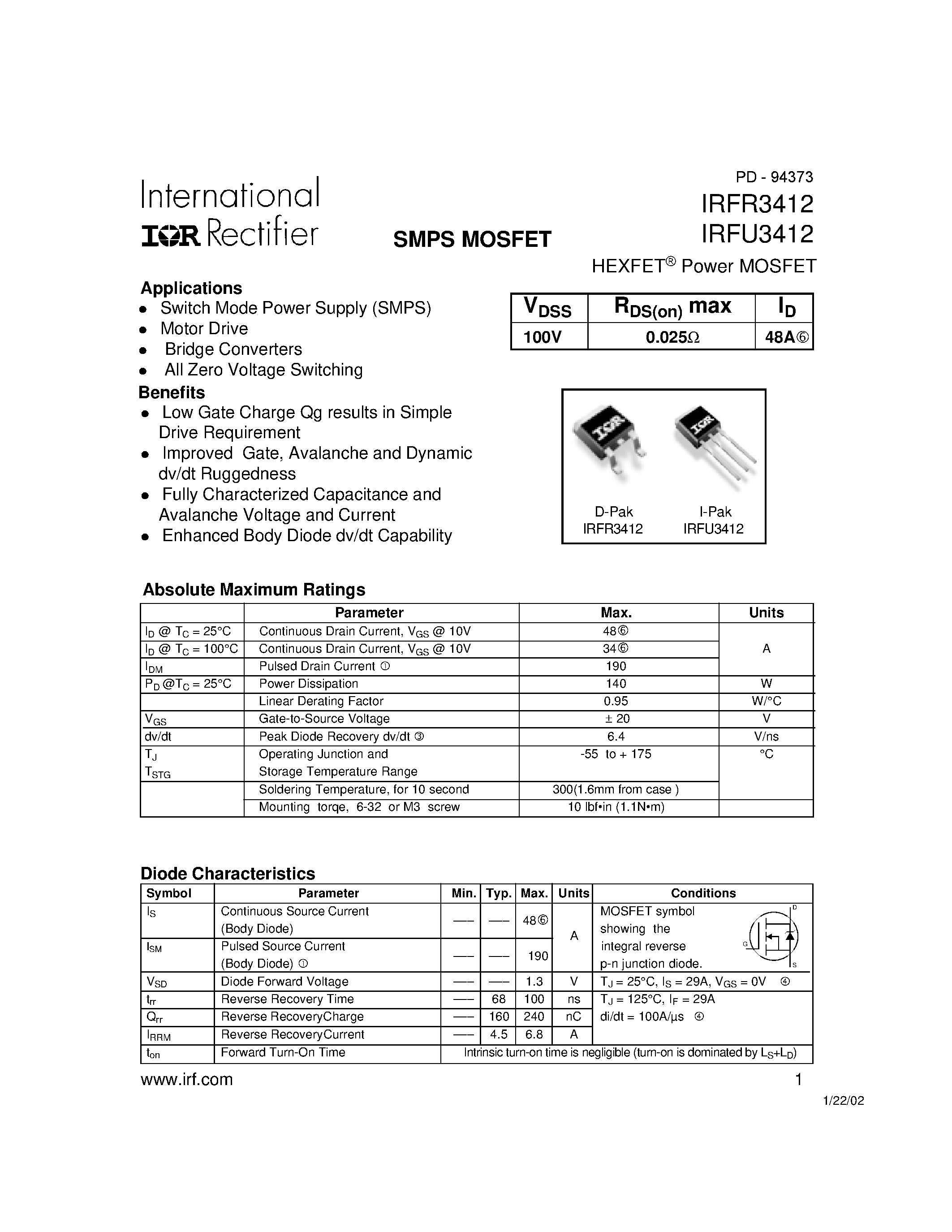 Datasheet IRFU3412 - SMPS MOSFET page 1