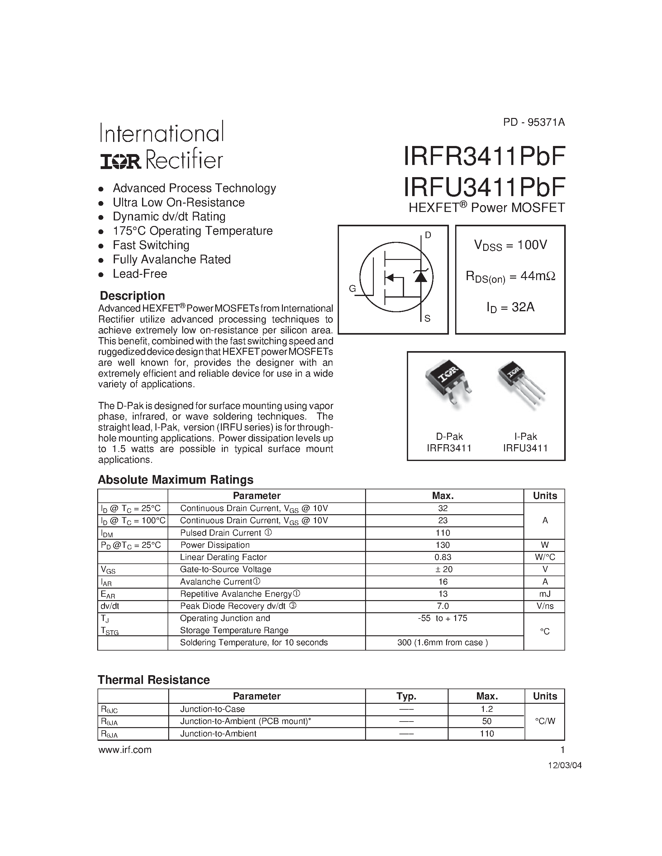Datasheet IRFR3411PBF - HEXFET Power MOSFET page 1