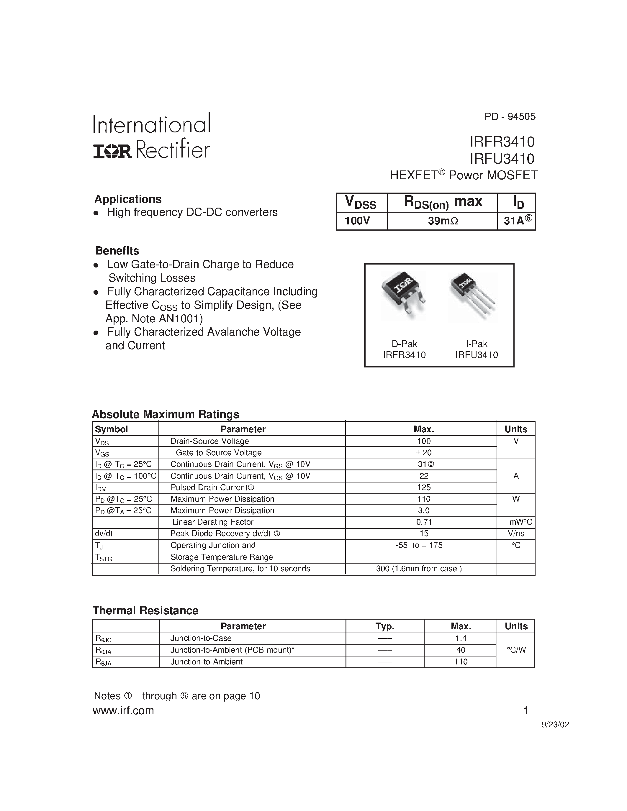 Datasheet IRFR3410 - Power MOSFET page 1