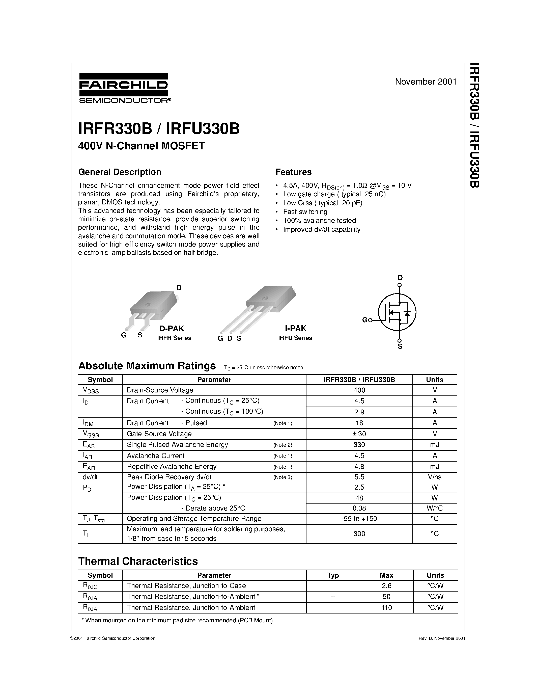 Datasheet IRFR330B - 400V N-Channel MOSFET page 1