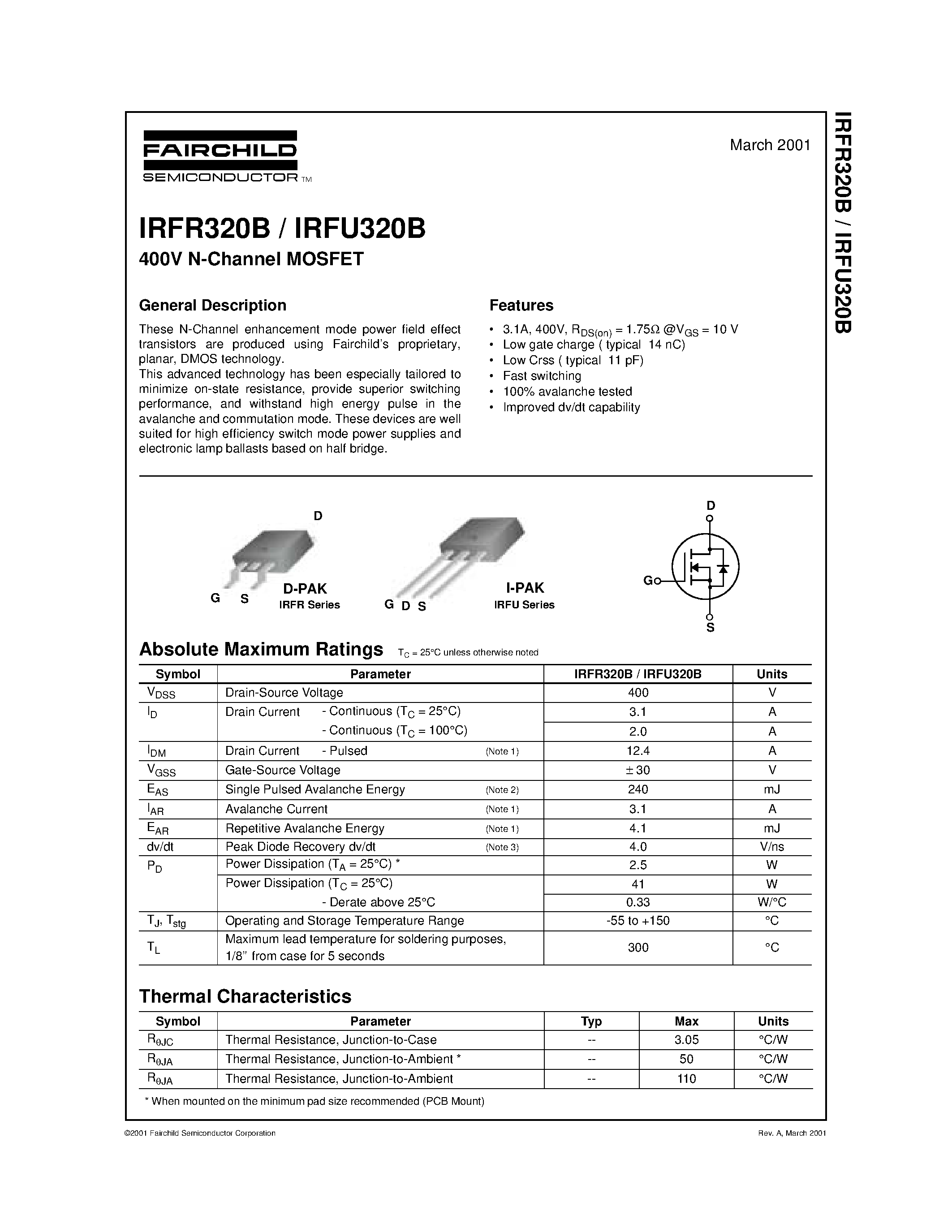 Datasheet IRFR320B - 400V N-Channel MOSFET page 1