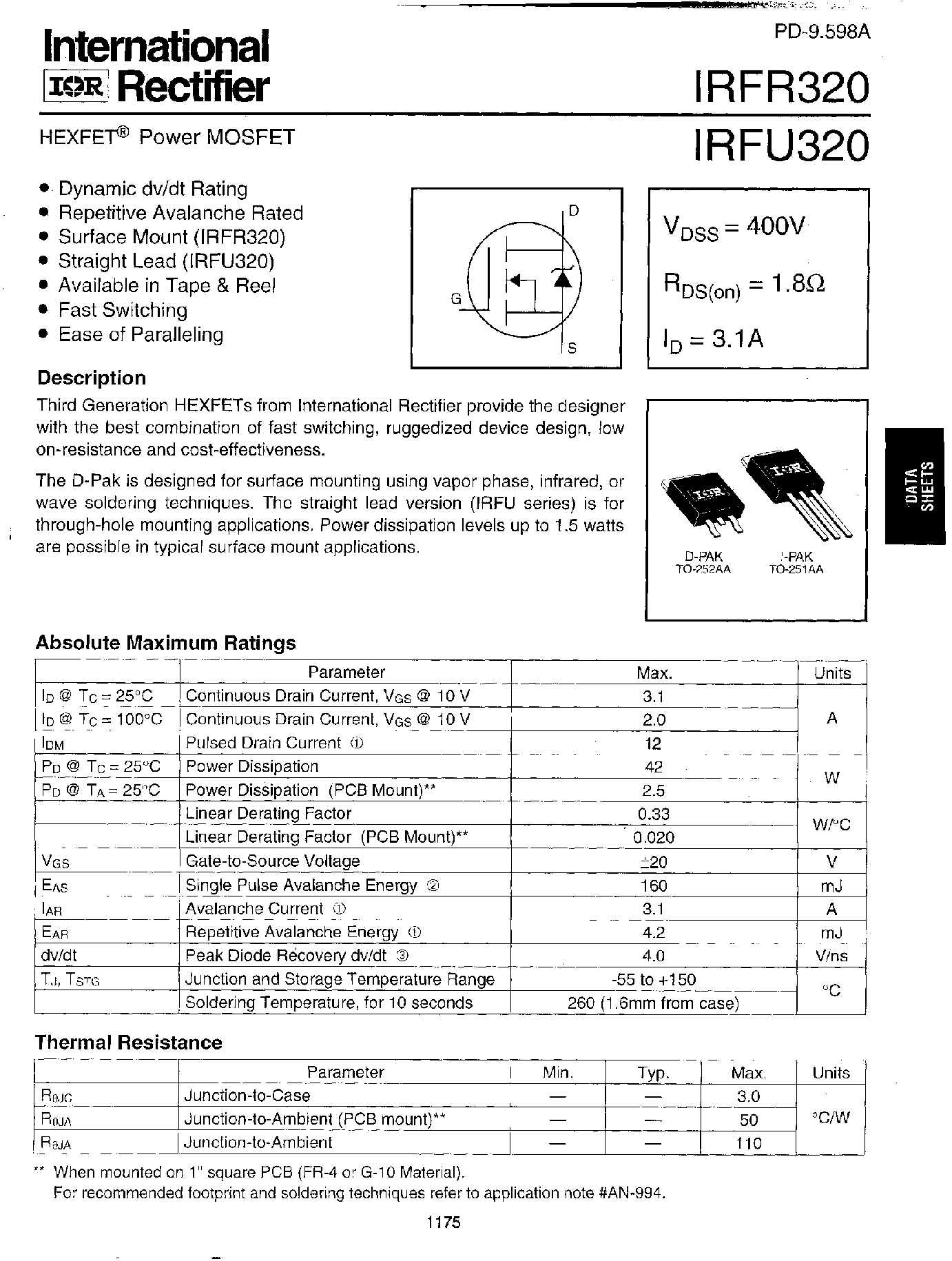 Datasheet IRFR320 - Power MOSFET page 1