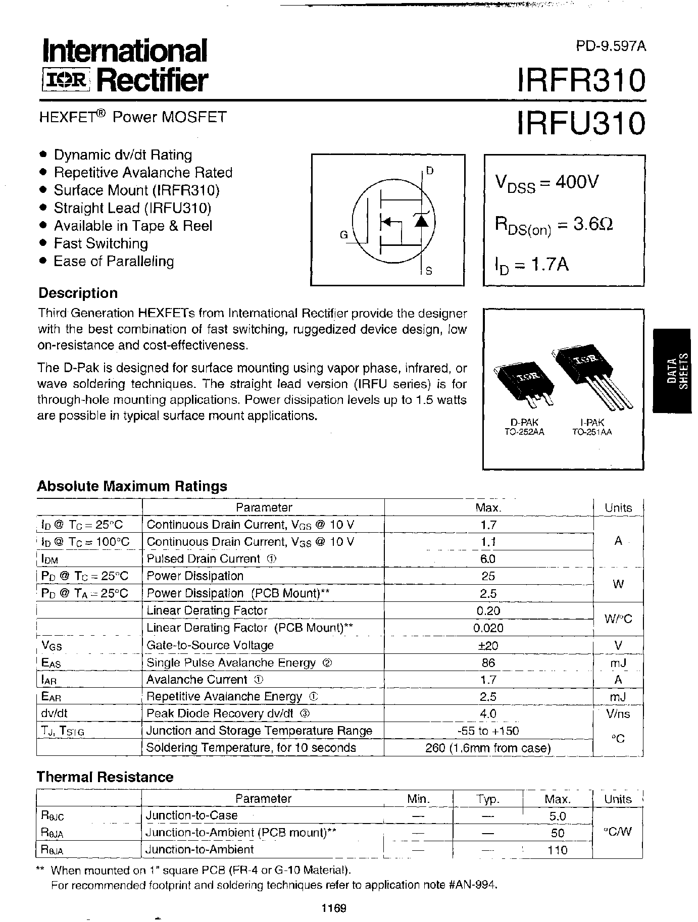 Datasheet IRFR310 - Power MOSFET page 1