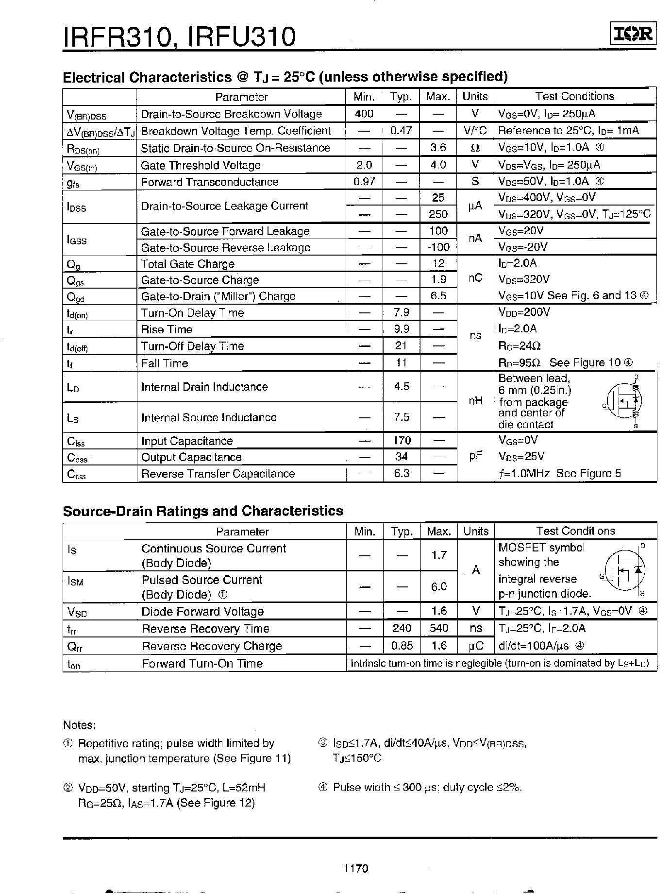 Datasheet IRFR310 - Power MOSFET page 2