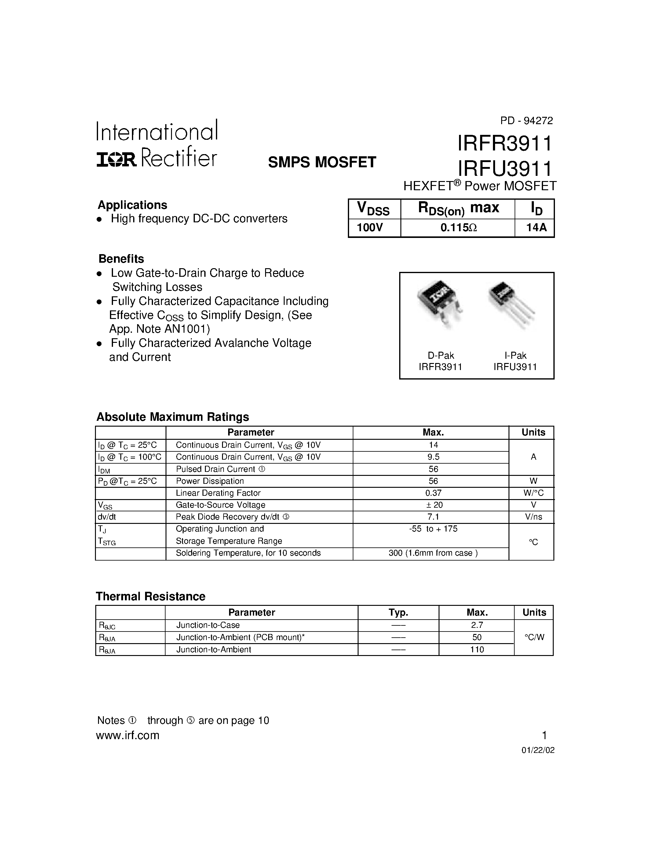 Datasheet IRFR3911 - SMPS MOSFET page 1