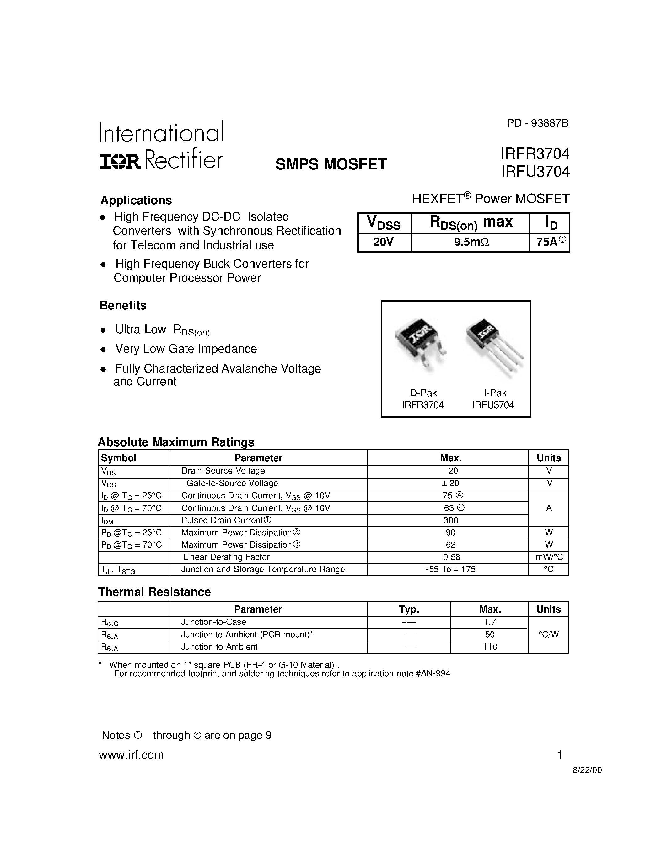 Datasheet IRFR3704 - Power MOSFET page 1