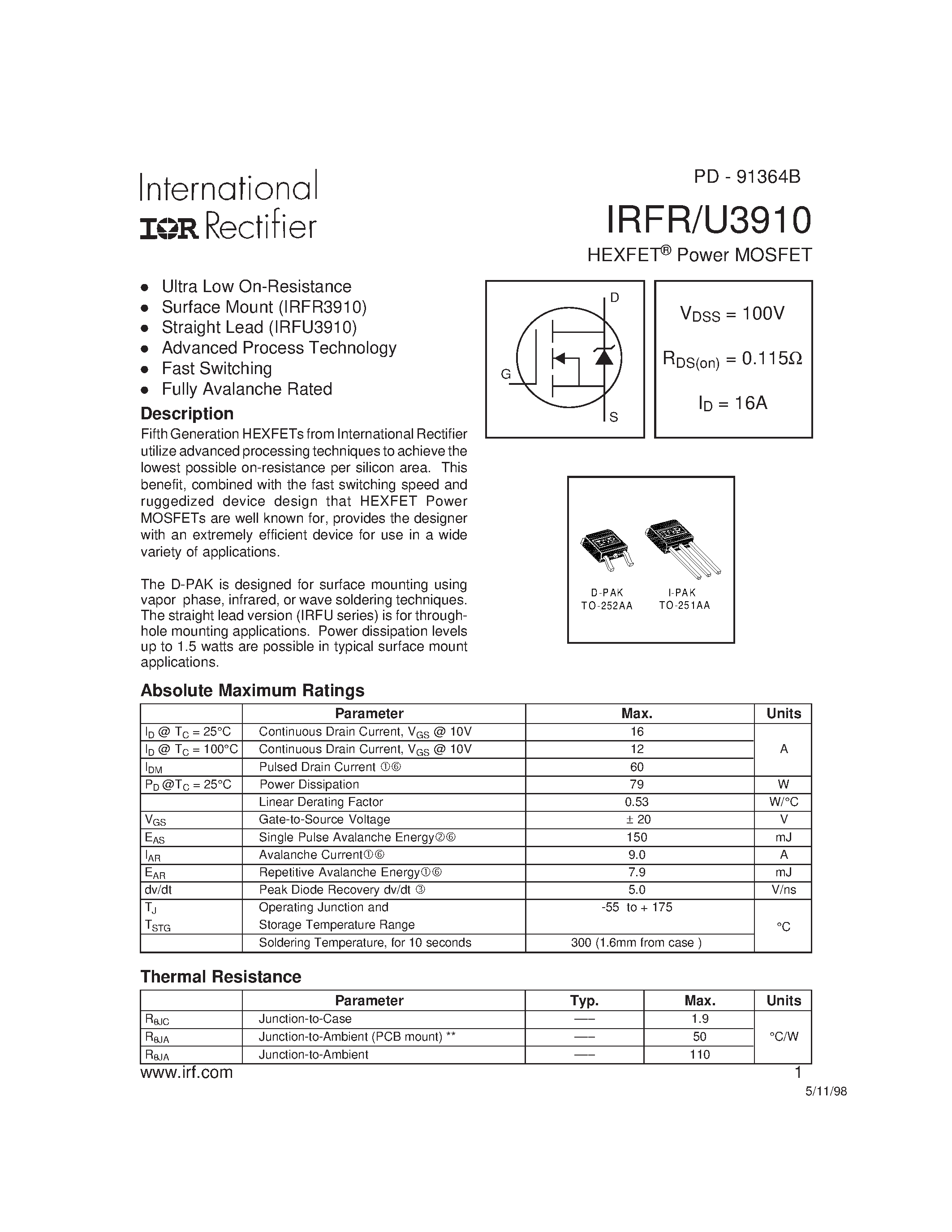 Datasheet IRFR3910 - Power MOSFET page 1