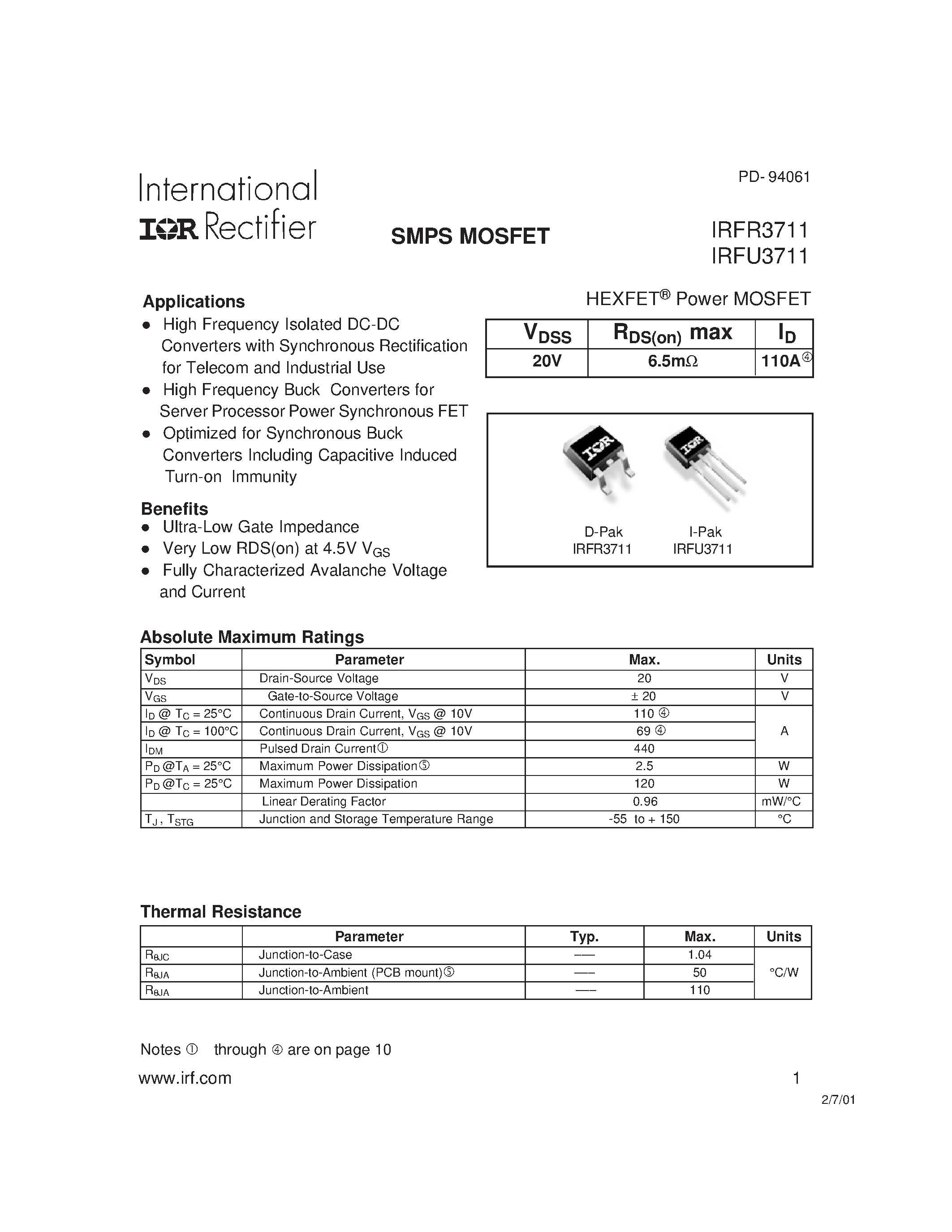 Datasheet IRFR3711 - Power MOSFET page 1