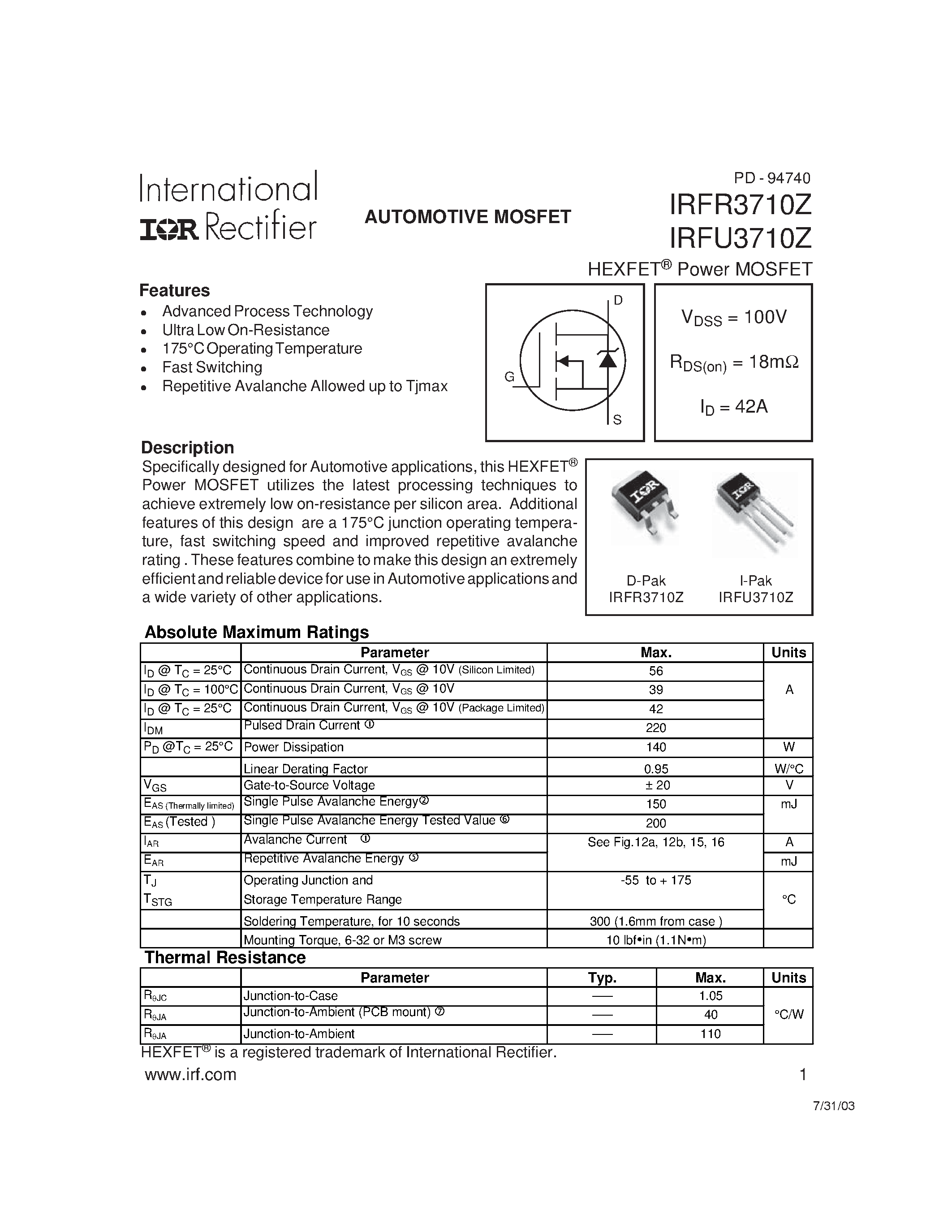 Datasheet IRFR3710Z page 1 Datasheet IRFR3710Z - AUTOMOTIVE MOSFET page 1