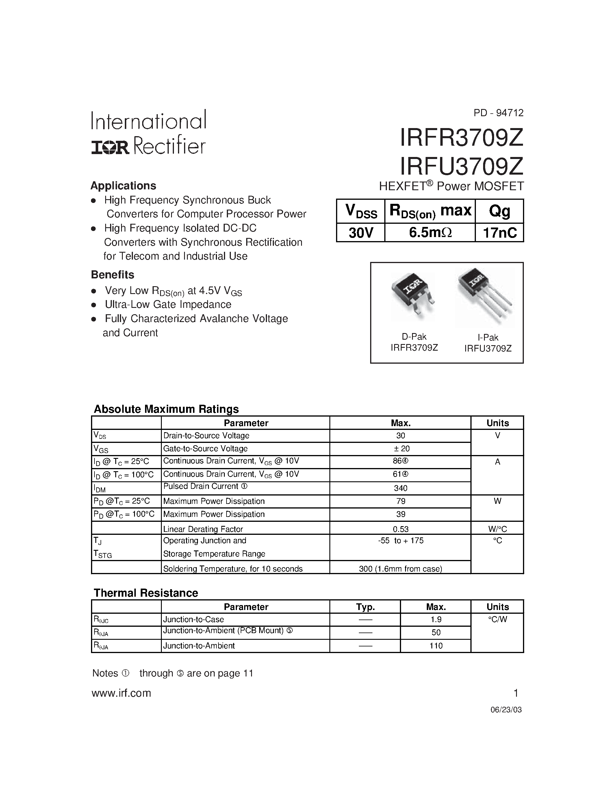 Datasheet IRFR3709Z - HEXFET Power MOSFET page 1
