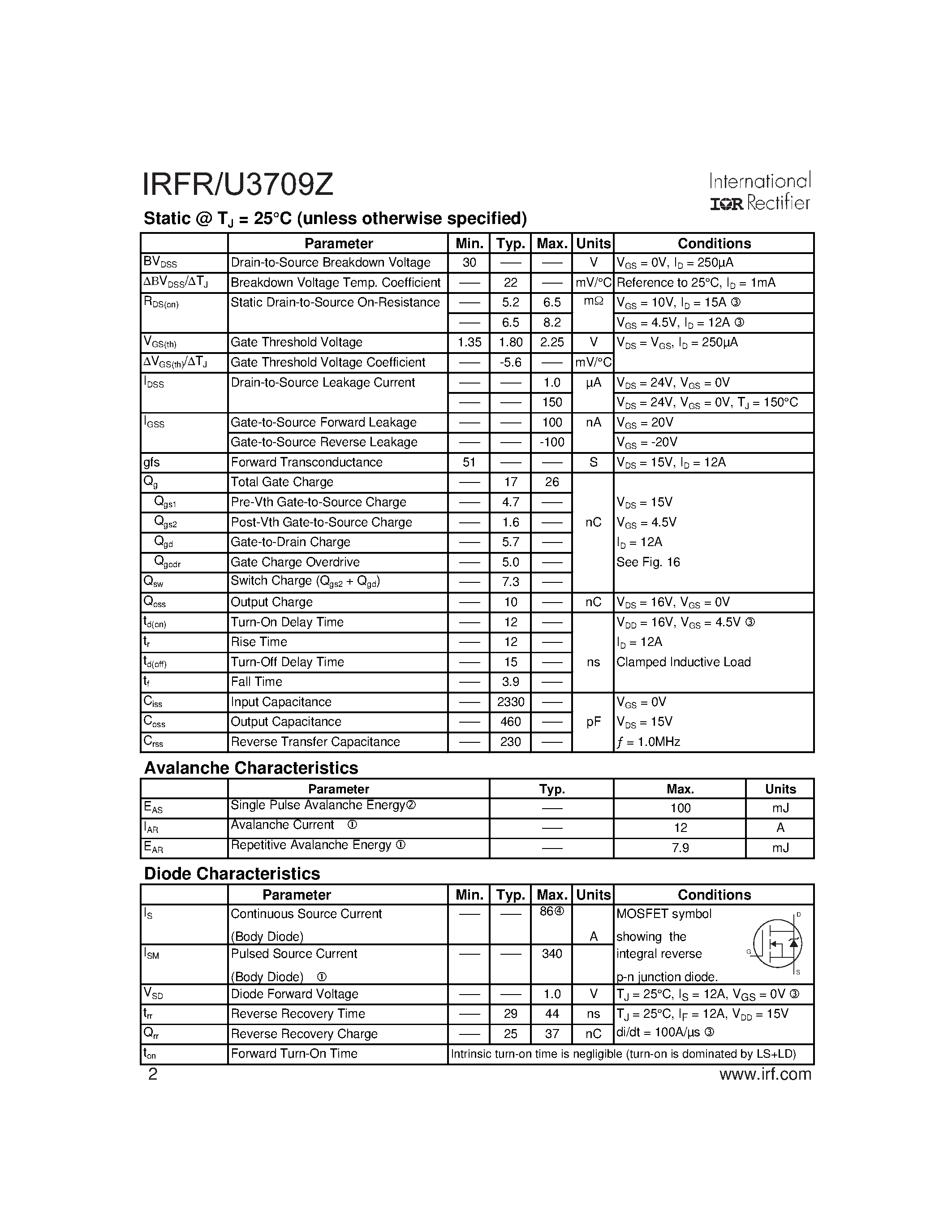 Datasheet IRFR3709Z - HEXFET Power MOSFET page 2