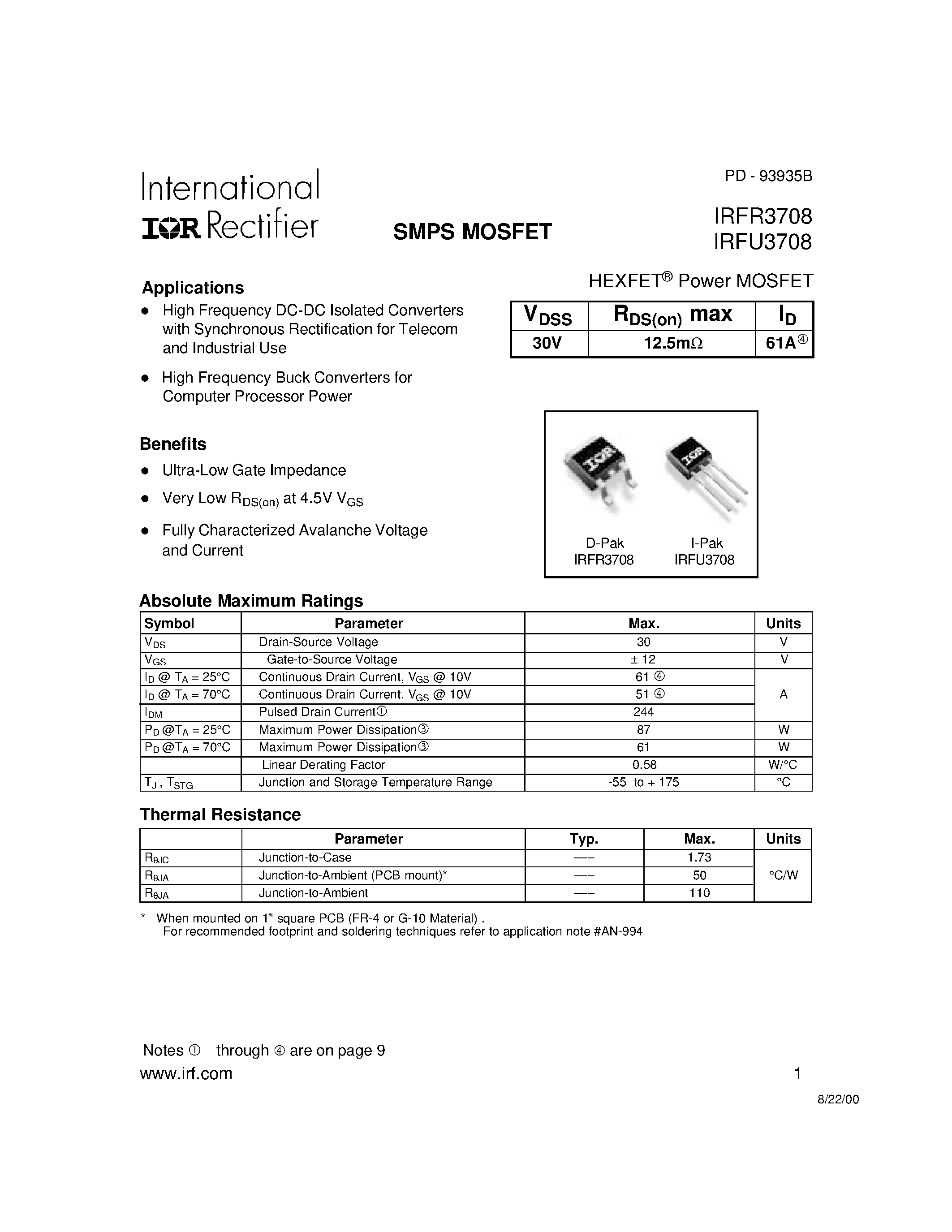 Datasheet IRFR3708 - Power MOSFET page 1