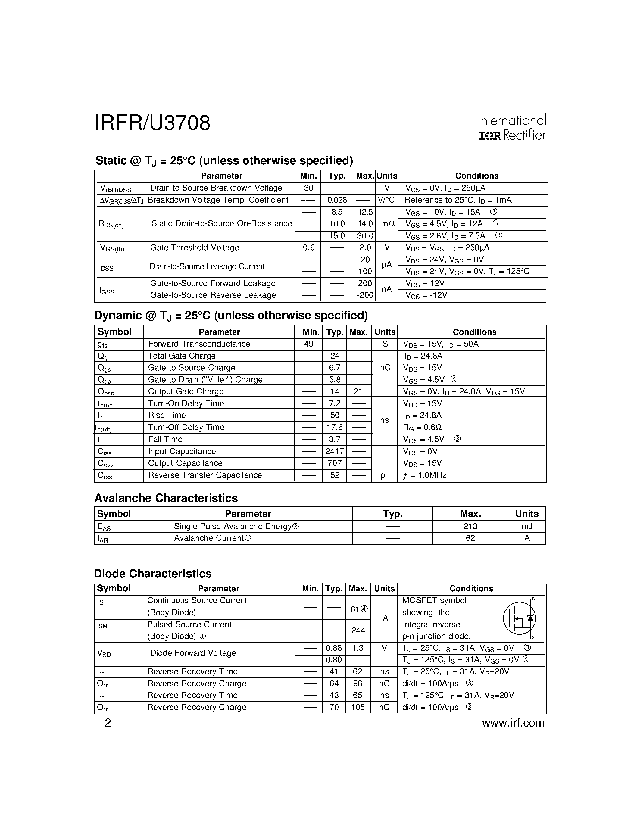 Datasheet IRFR3708 - Power MOSFET page 2