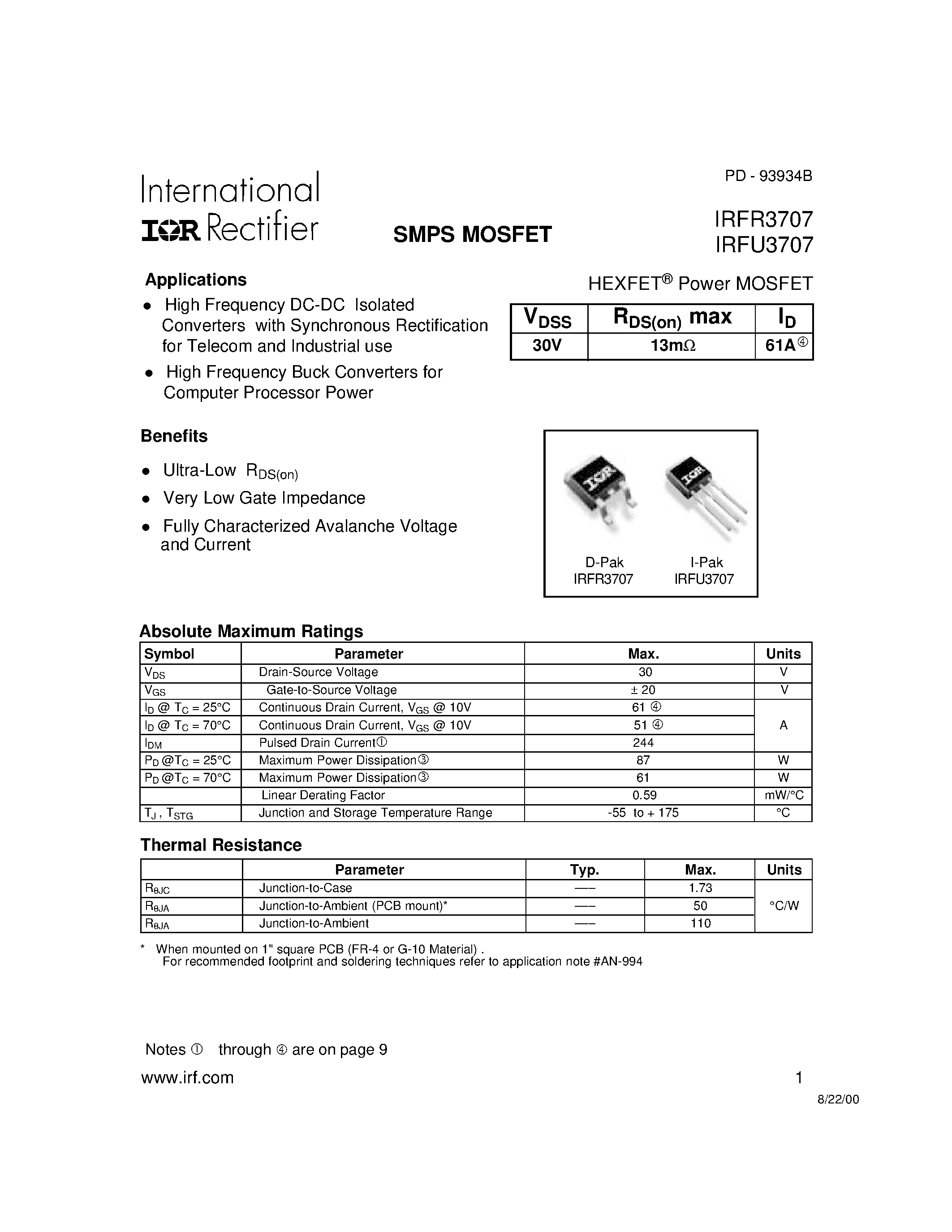 Datasheet IRFR3707 - Power MOSFET page 1