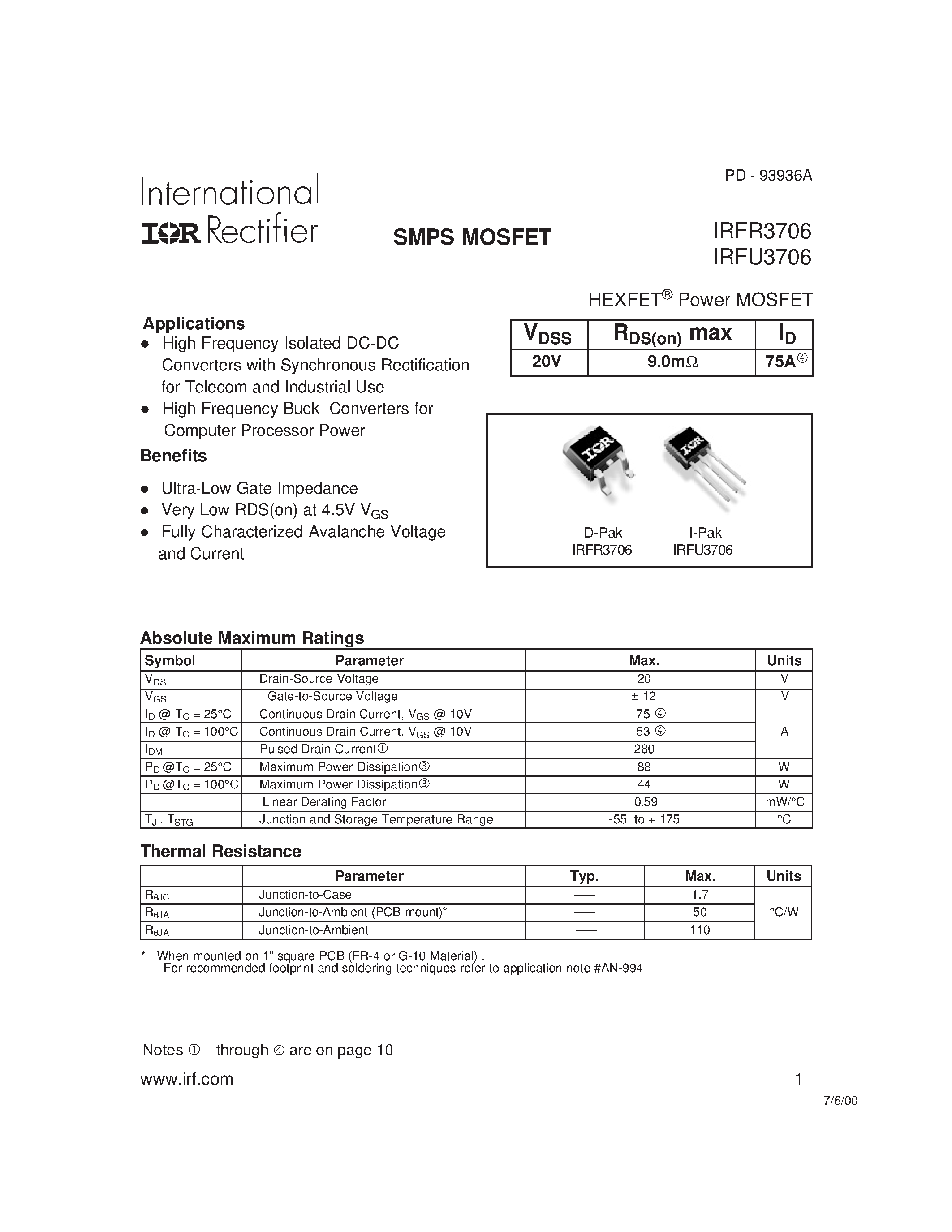 Datasheet IRFR3706 - Power MOSFET page 1