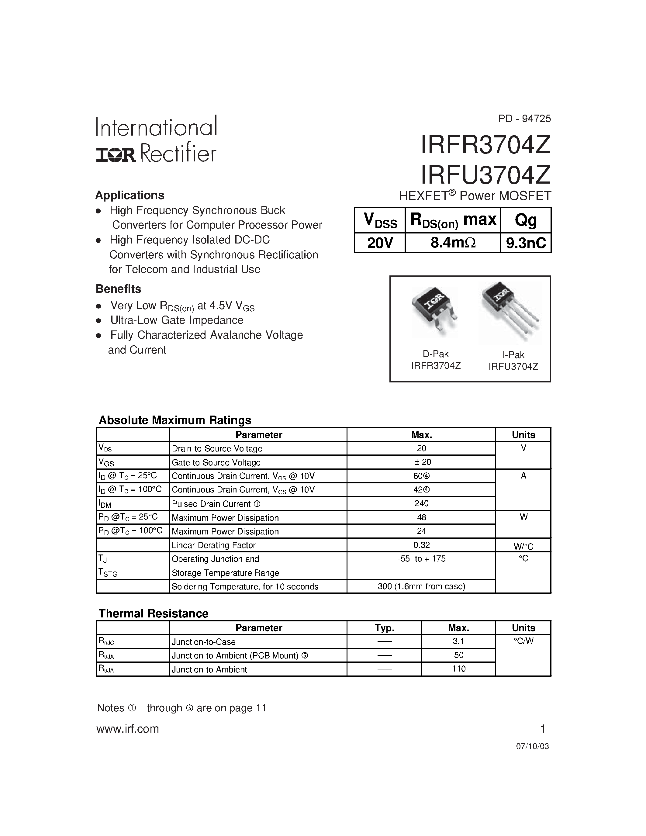Datasheet IRFR3704Z page 1 Datasheet IRFR3704Z - HEXFET Power MOSFET page 1