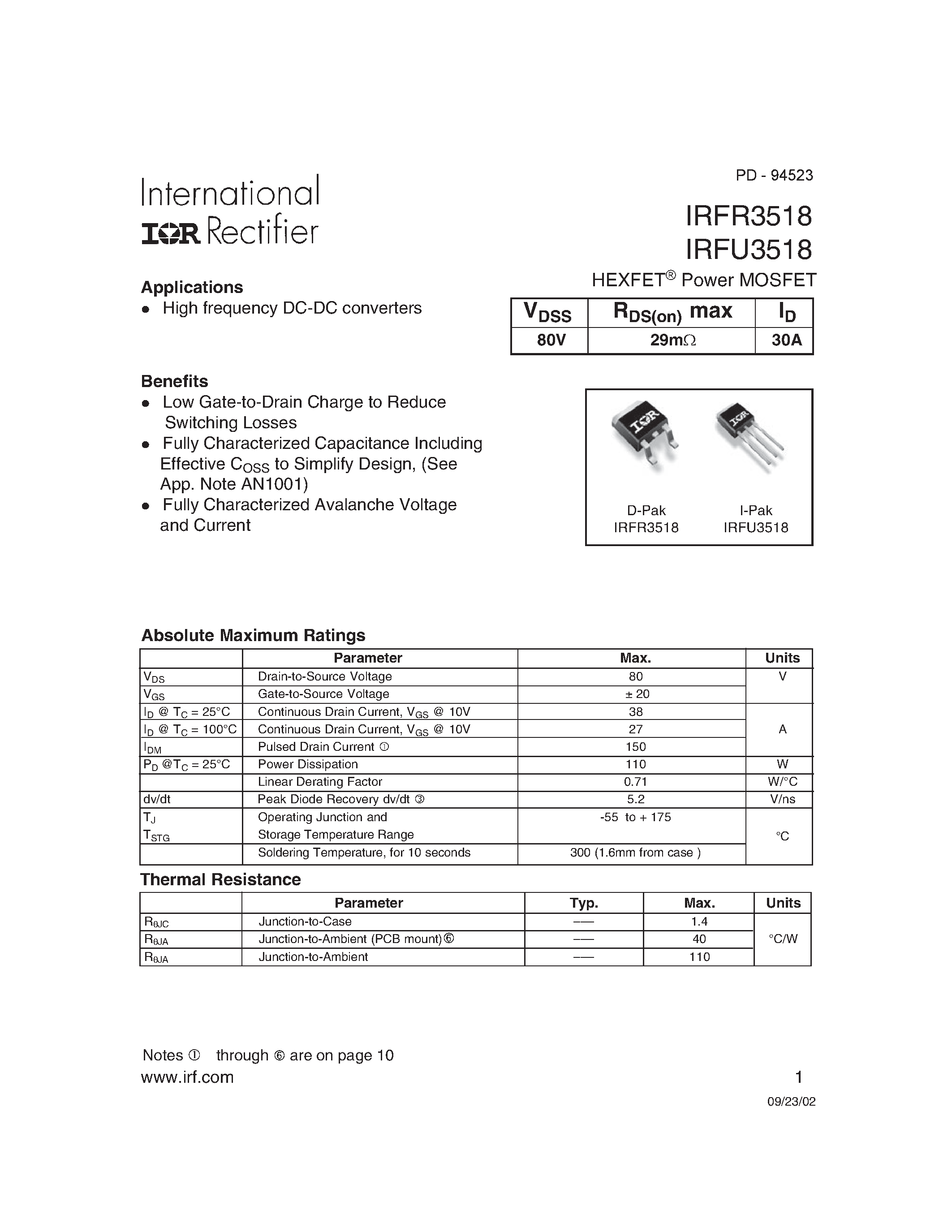 Datasheet IRFR3518 - HEXFET Power MOSFET page 1