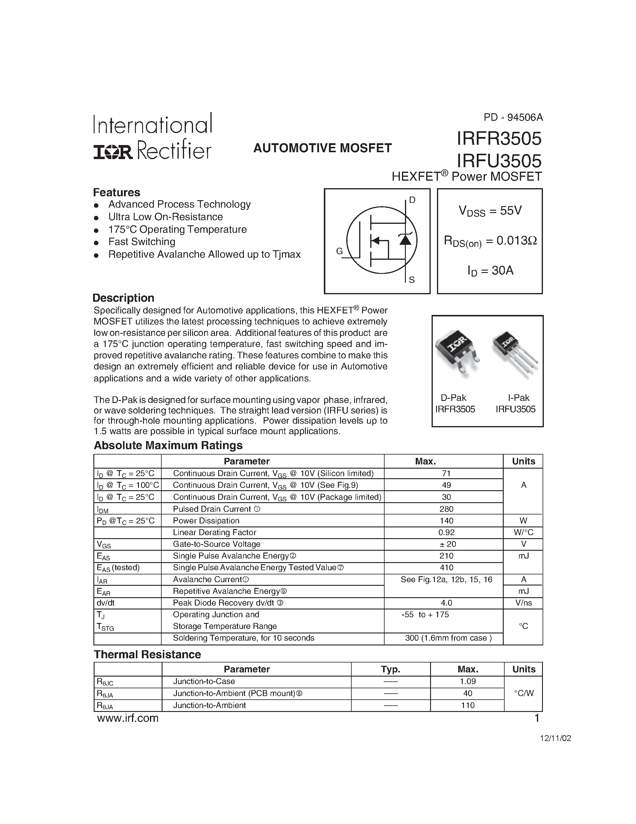 Datasheet IRFR3505 page 1 Datasheet IRFR3505 - AUTOMOTIVE MOSFET page 1