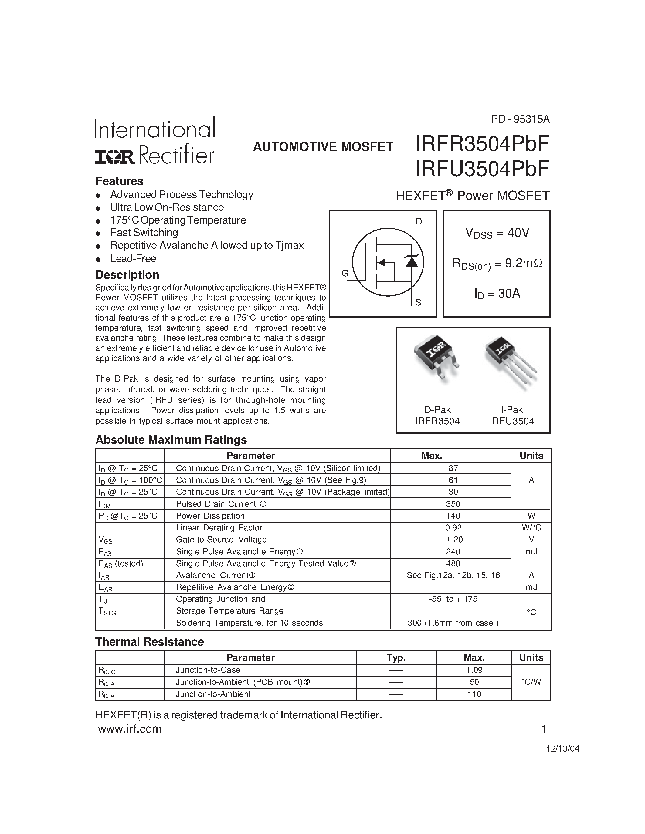 Datasheet IRFR3504PbF - AUTOMOTIVE MOSFET page 1