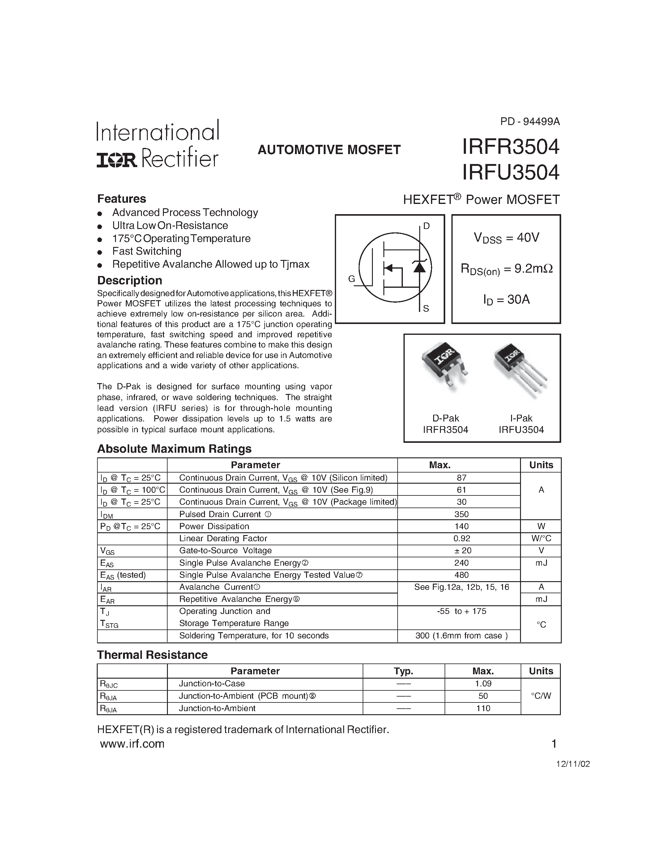 Datasheet IRFR3504 page 1 Datasheet IRFR3504 - AUTOMOTIVE MOSFET page 1