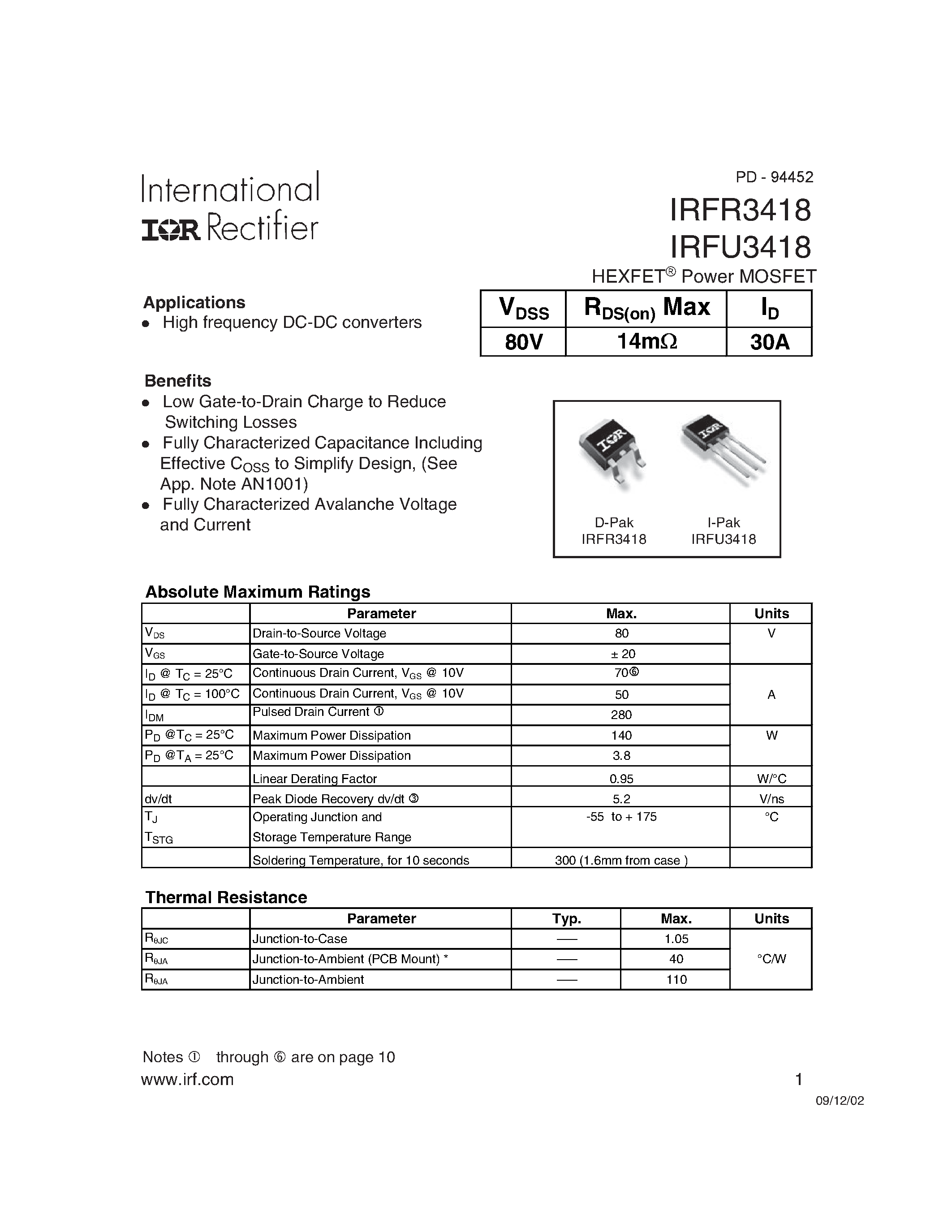Datasheet IRFR3418 - HEXFET Power MOSFET page 1