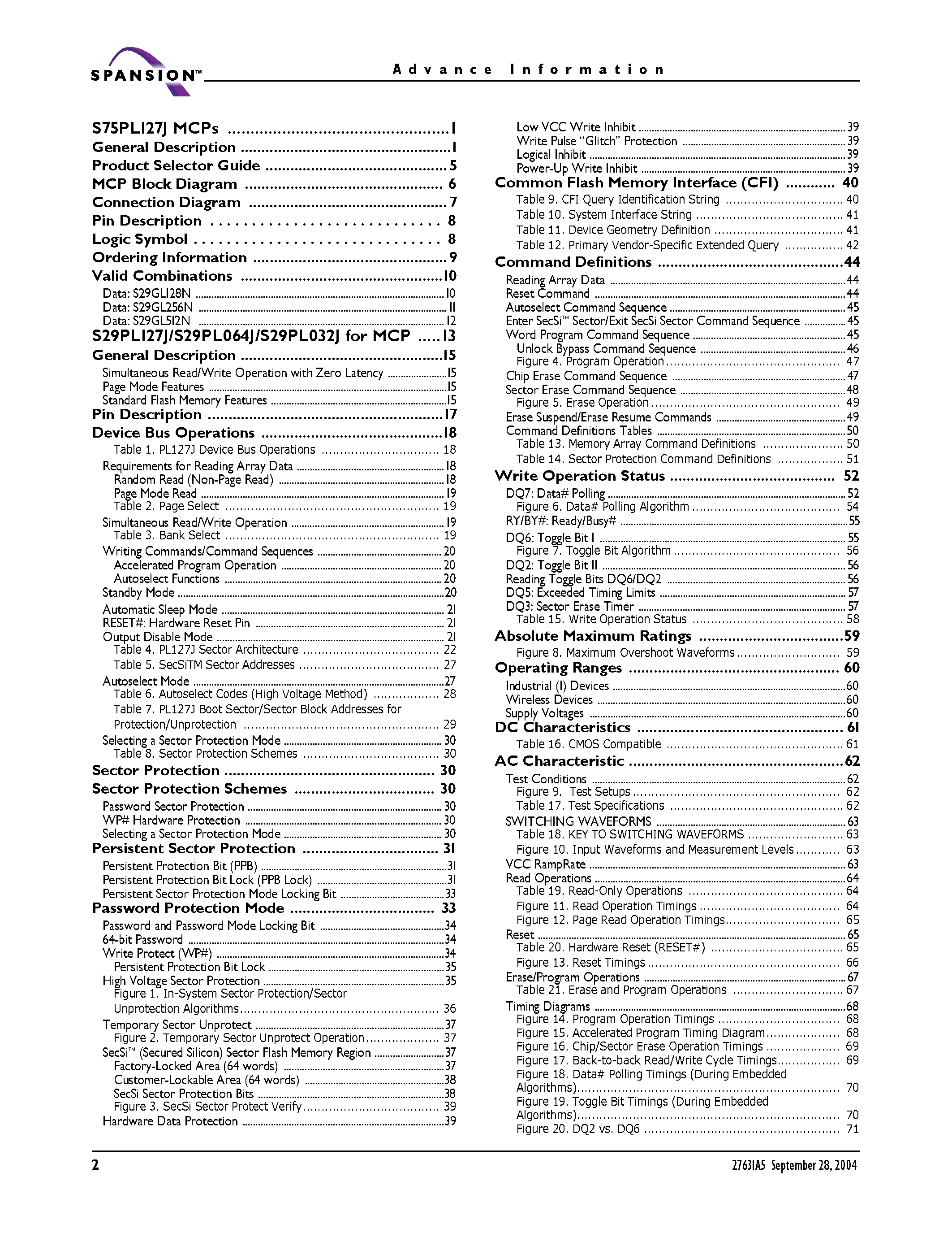 Datasheet S75PL127J - Power supply woltage of 2.7 to 3.1 volt page 2