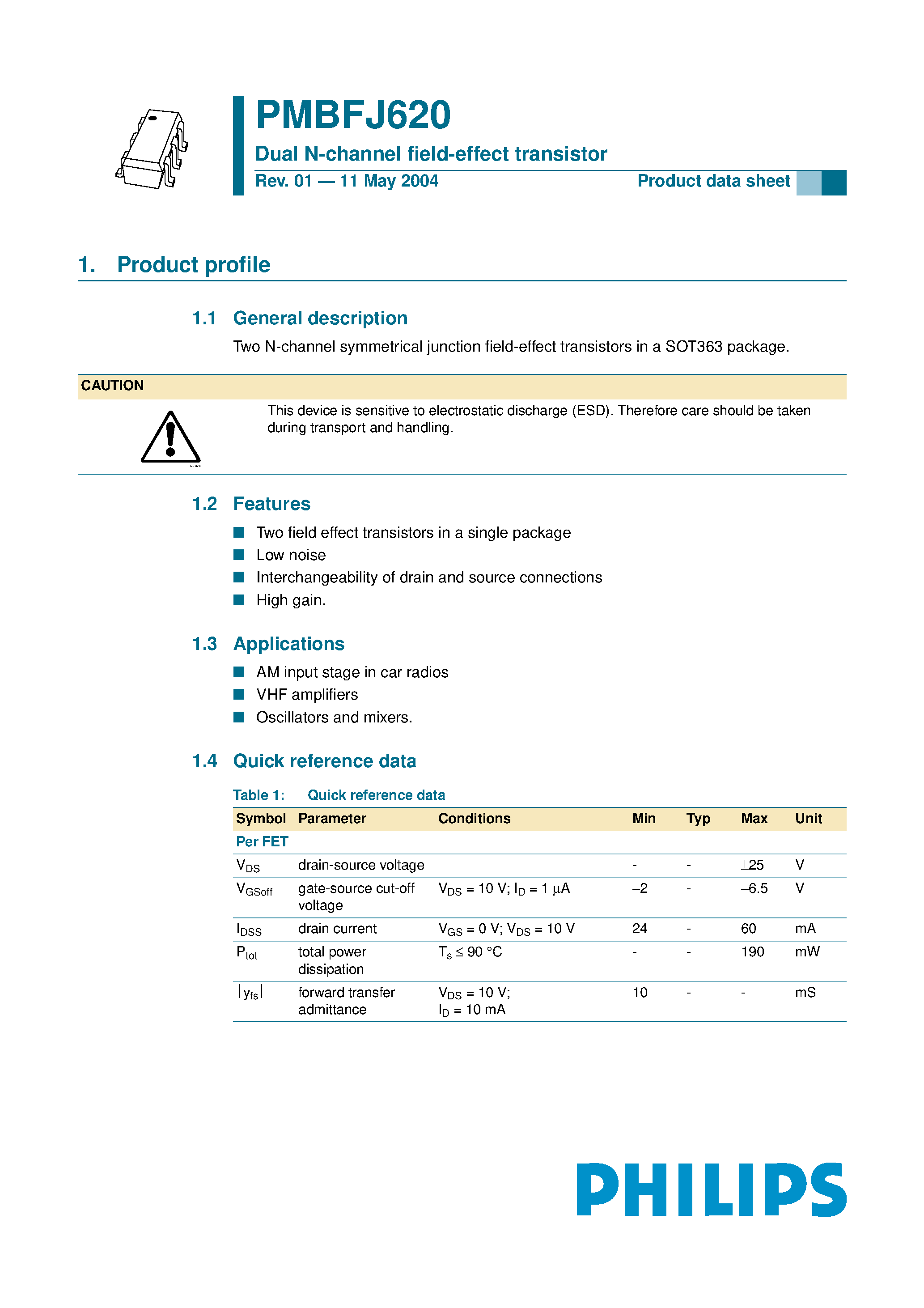 Datasheet PMBFJ620 - Dual N-channel field-effect transistor page 1