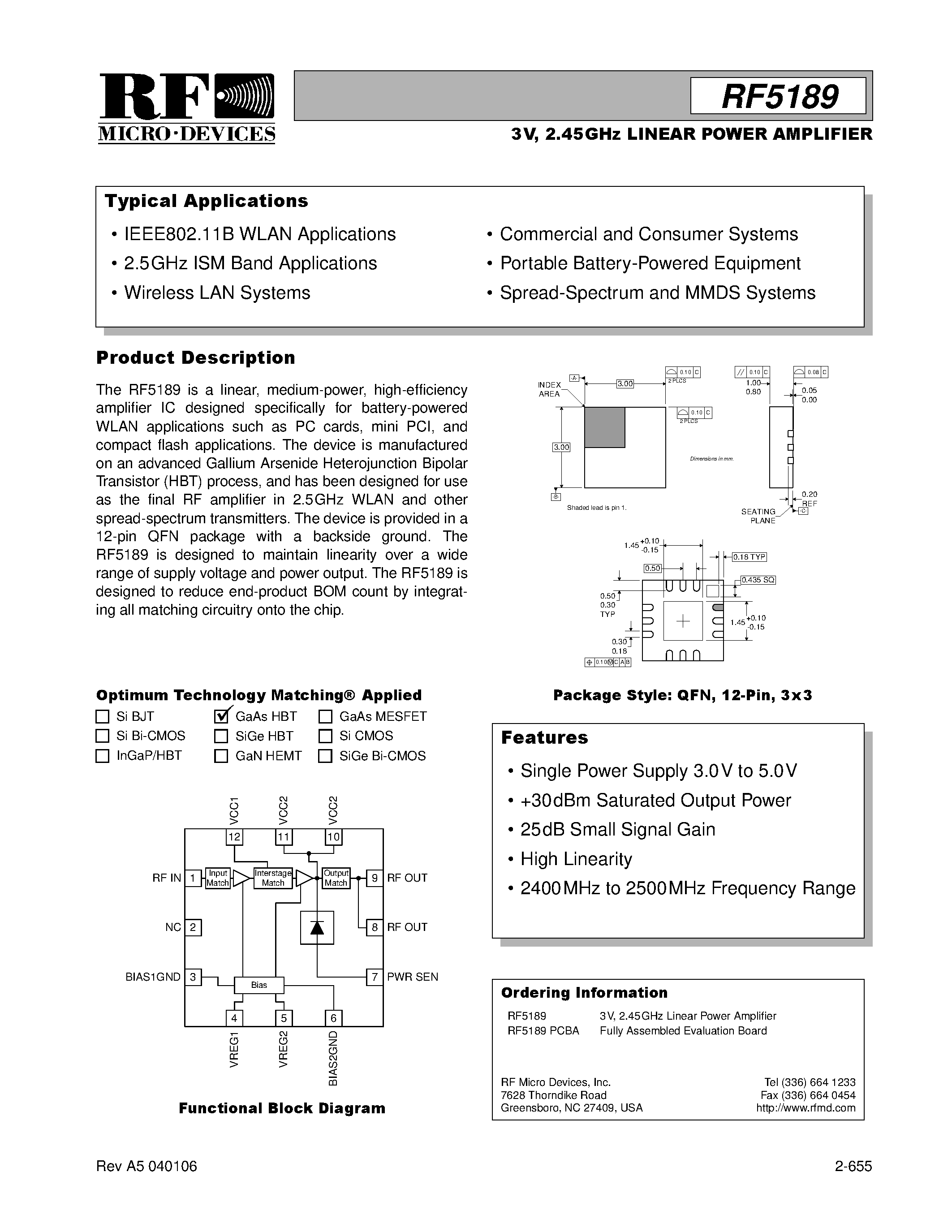 Datasheet RF5189 page 1 Datasheet RF5189 - 3V / 2.45GHz LINEAR POWER AMPLIFIER page 1