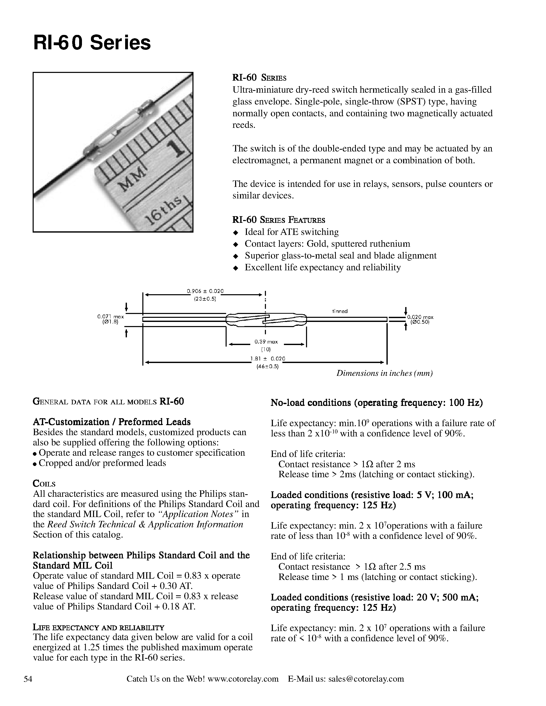 Datasheet RI60 - Ultra-miniature dry-reed switch germetically sealed in a gas-dilled glass envelope page 1