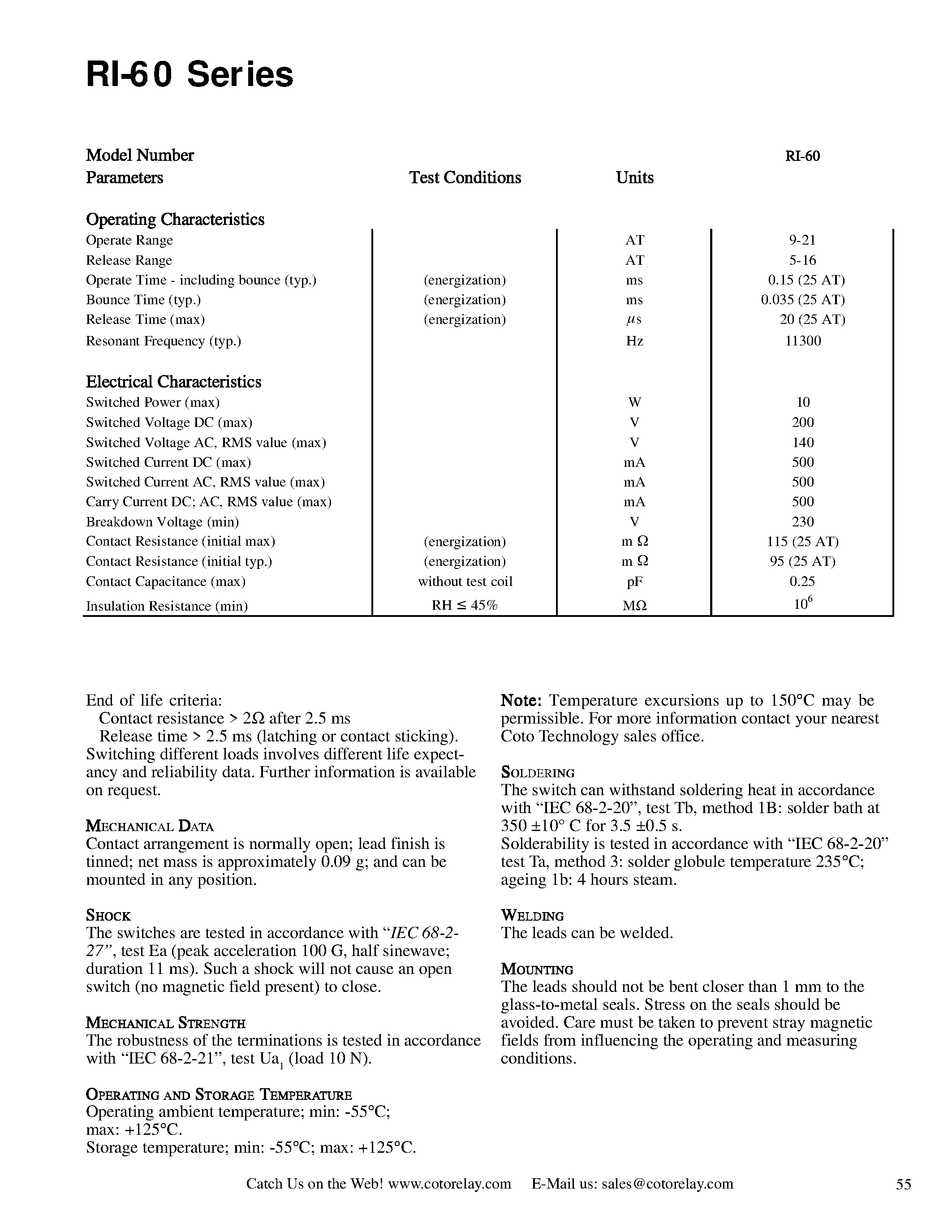 Datasheet RI60 - Ultra-miniature dry-reed switch germetically sealed in a gas-dilled glass envelope page 2