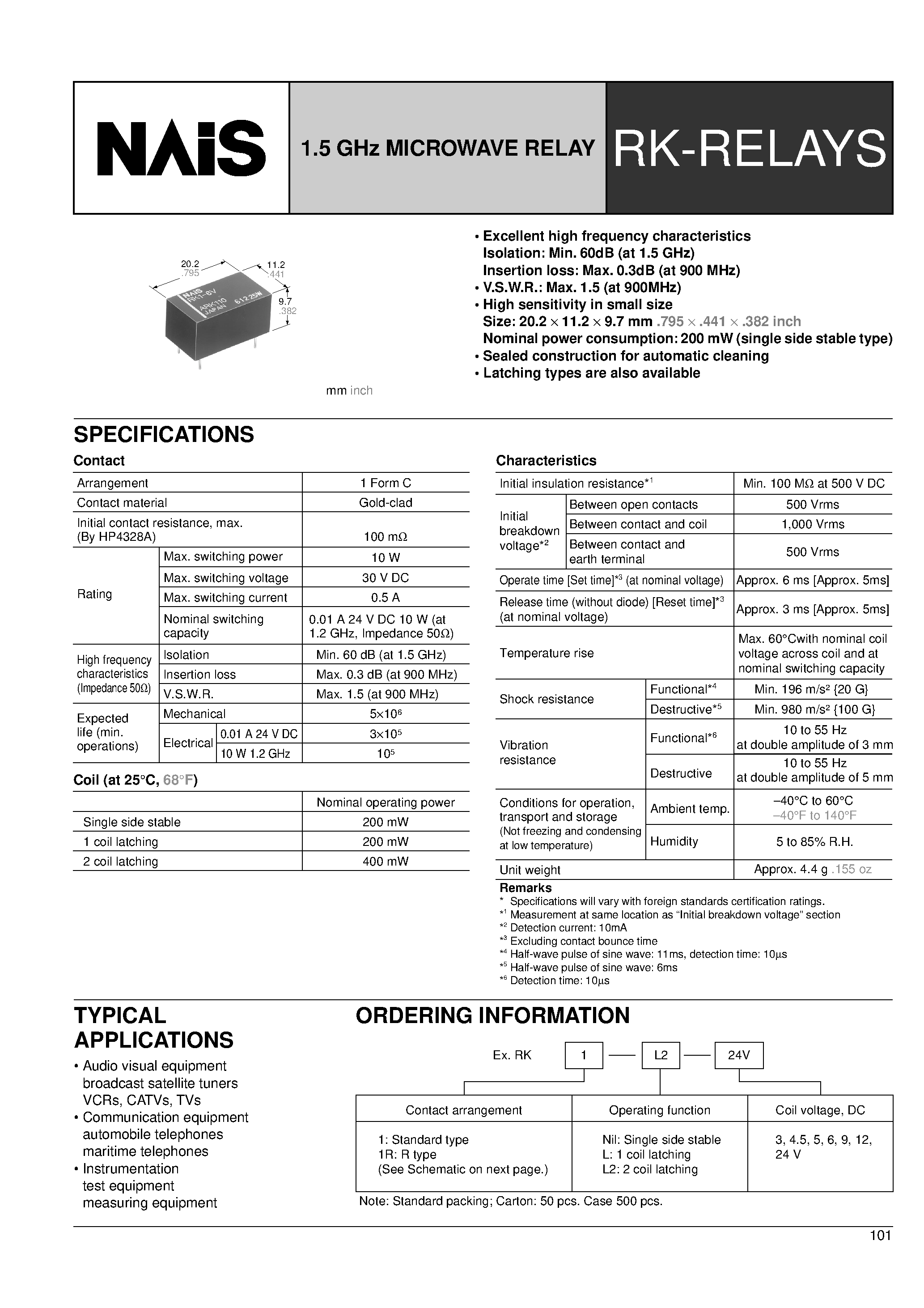 Datasheet RK1-xxx - 1.5GHz MICROWAVE RELAY page 1