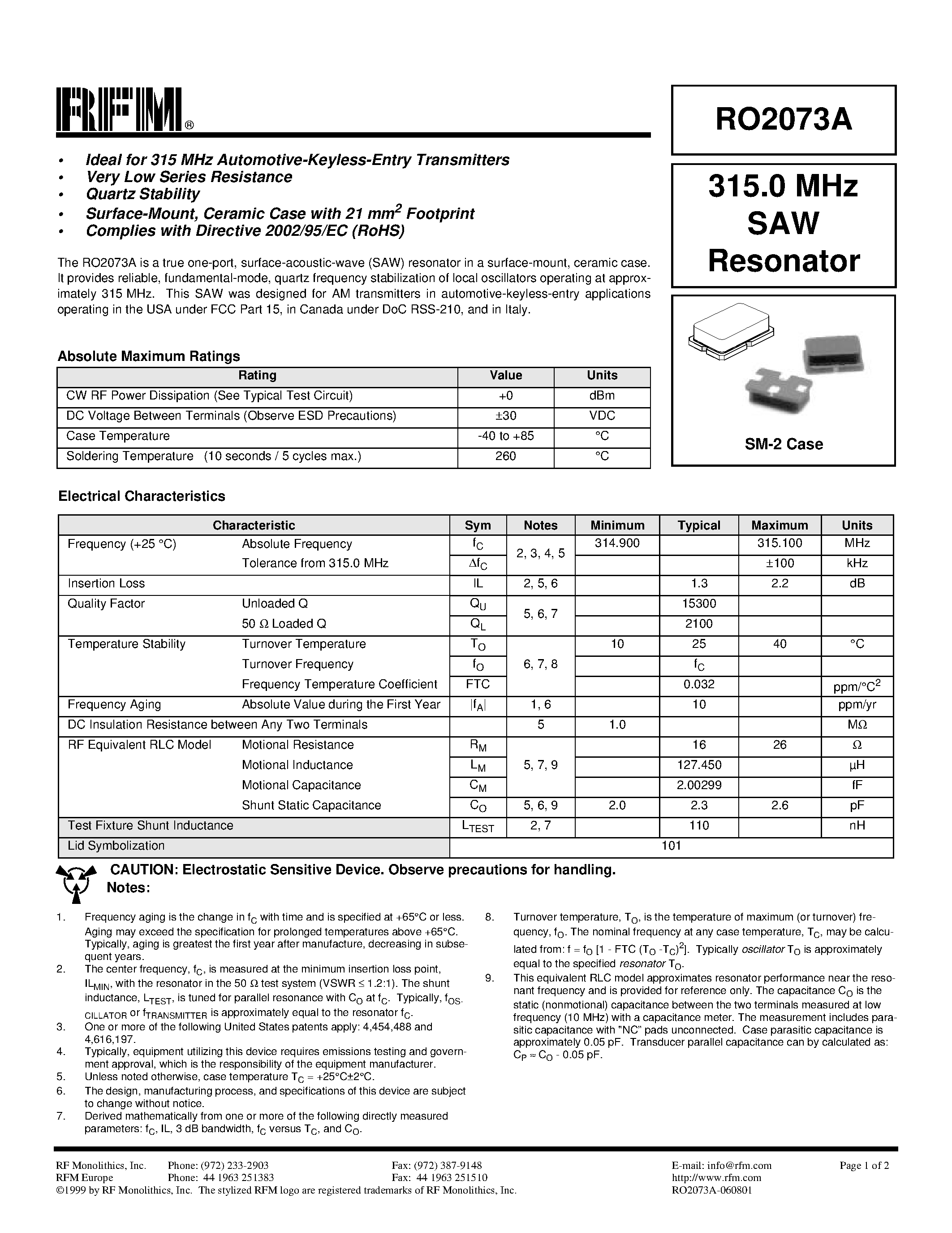 Datasheet RO2073A - 315.0 MHz SAW Resonator page 1