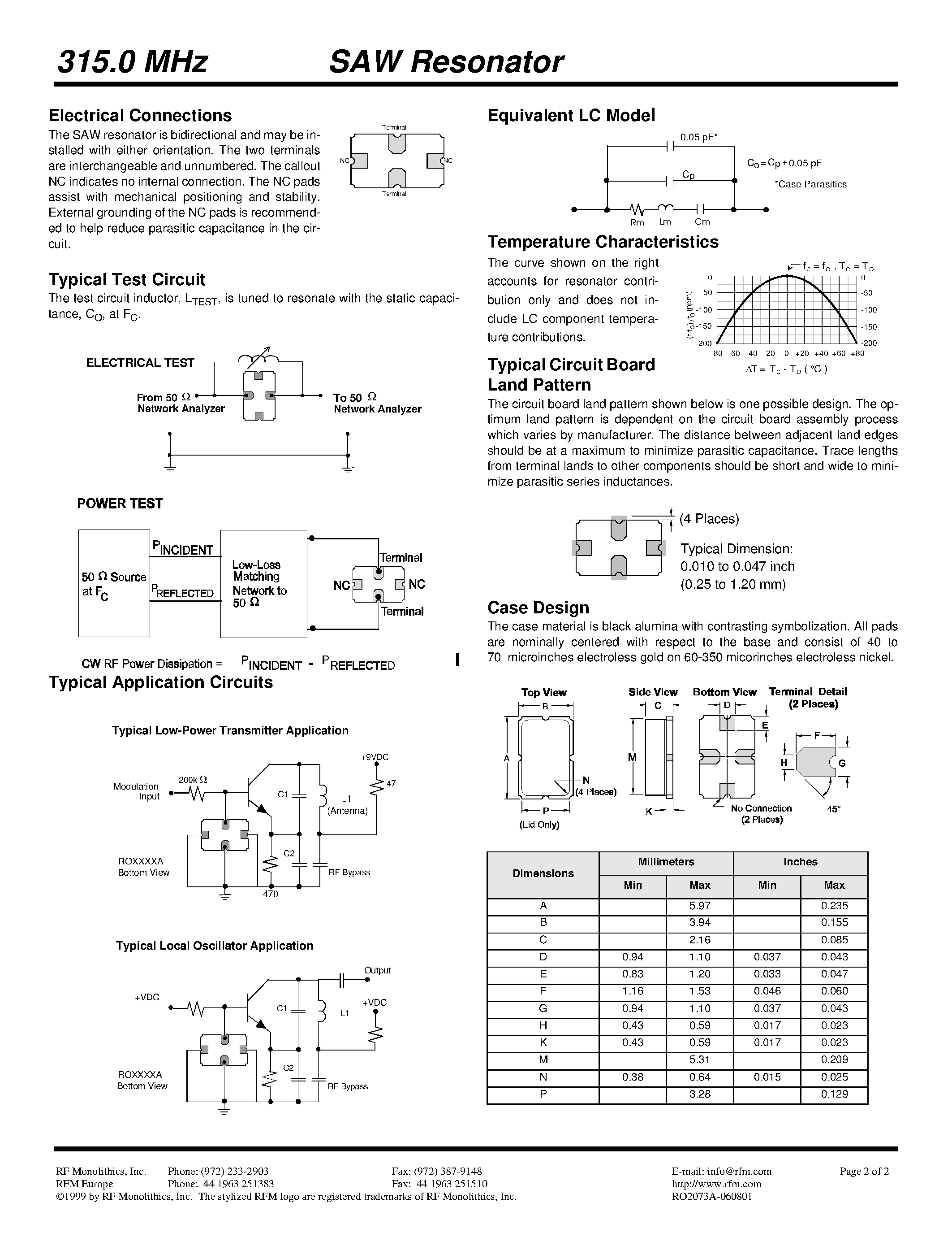Datasheet RO2073A - 315.0 MHz SAW Resonator page 2